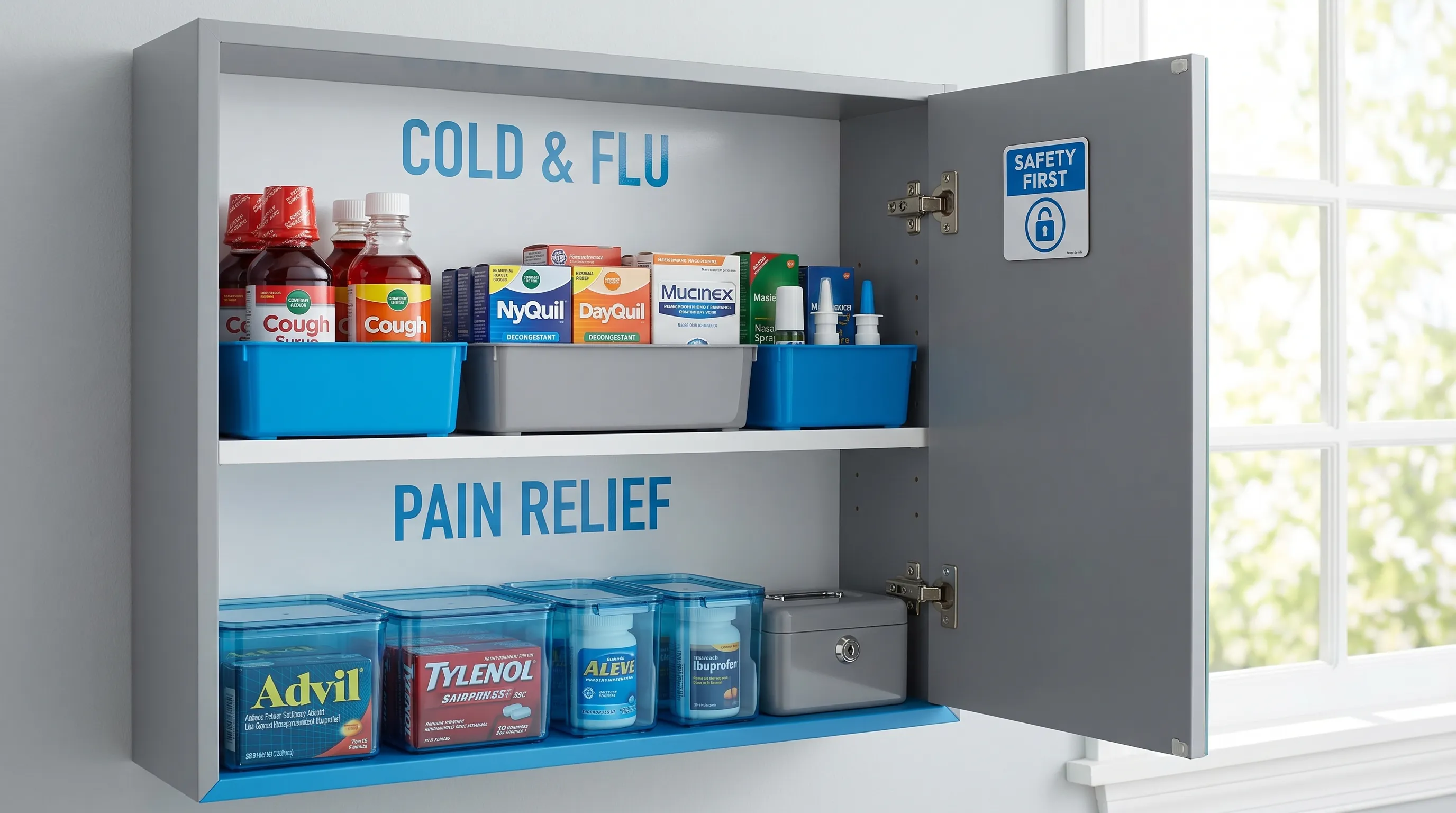 descriptive alt text showing organized medication storage and symptom tracking materials