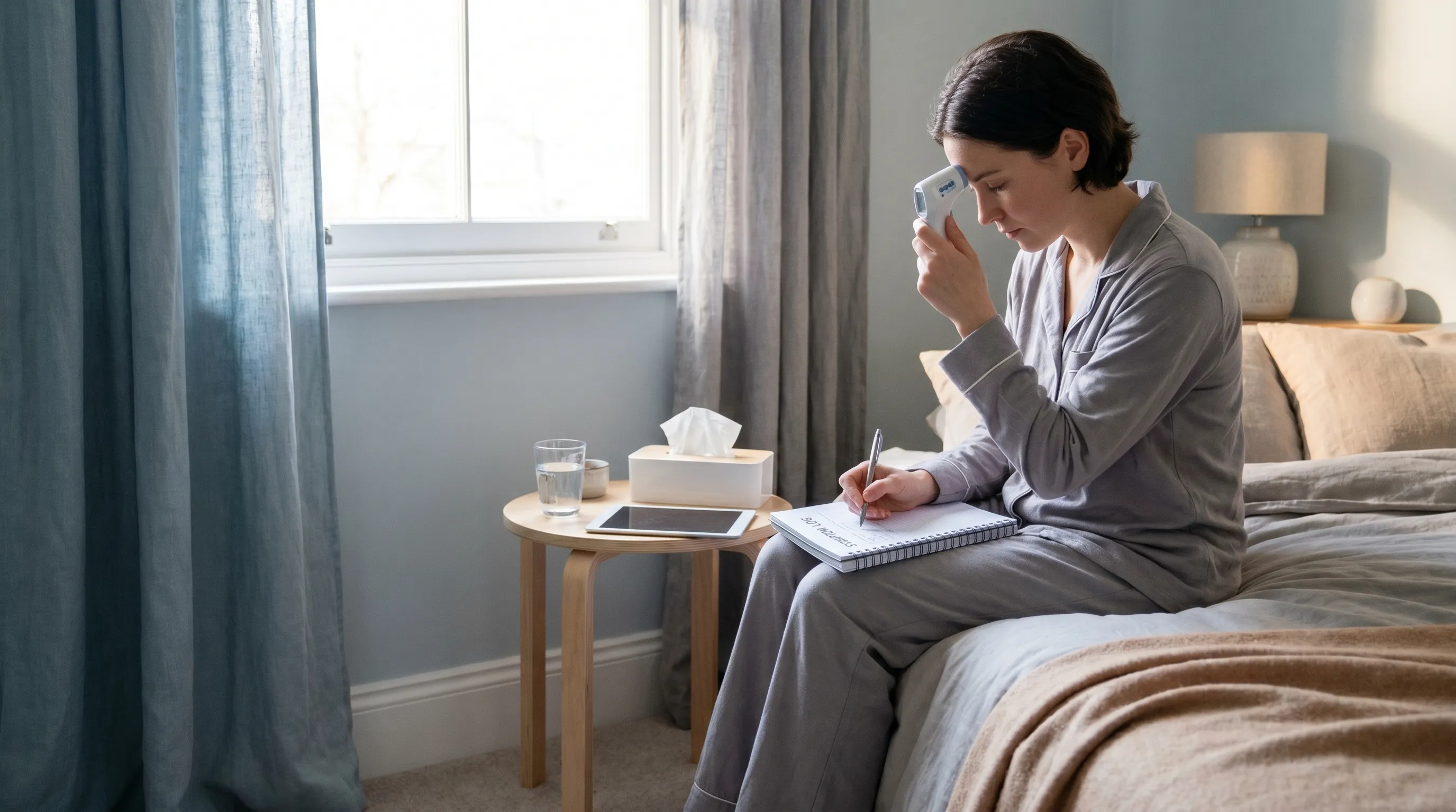 alt text illustrating patient hydration and rest environment for illness recovery