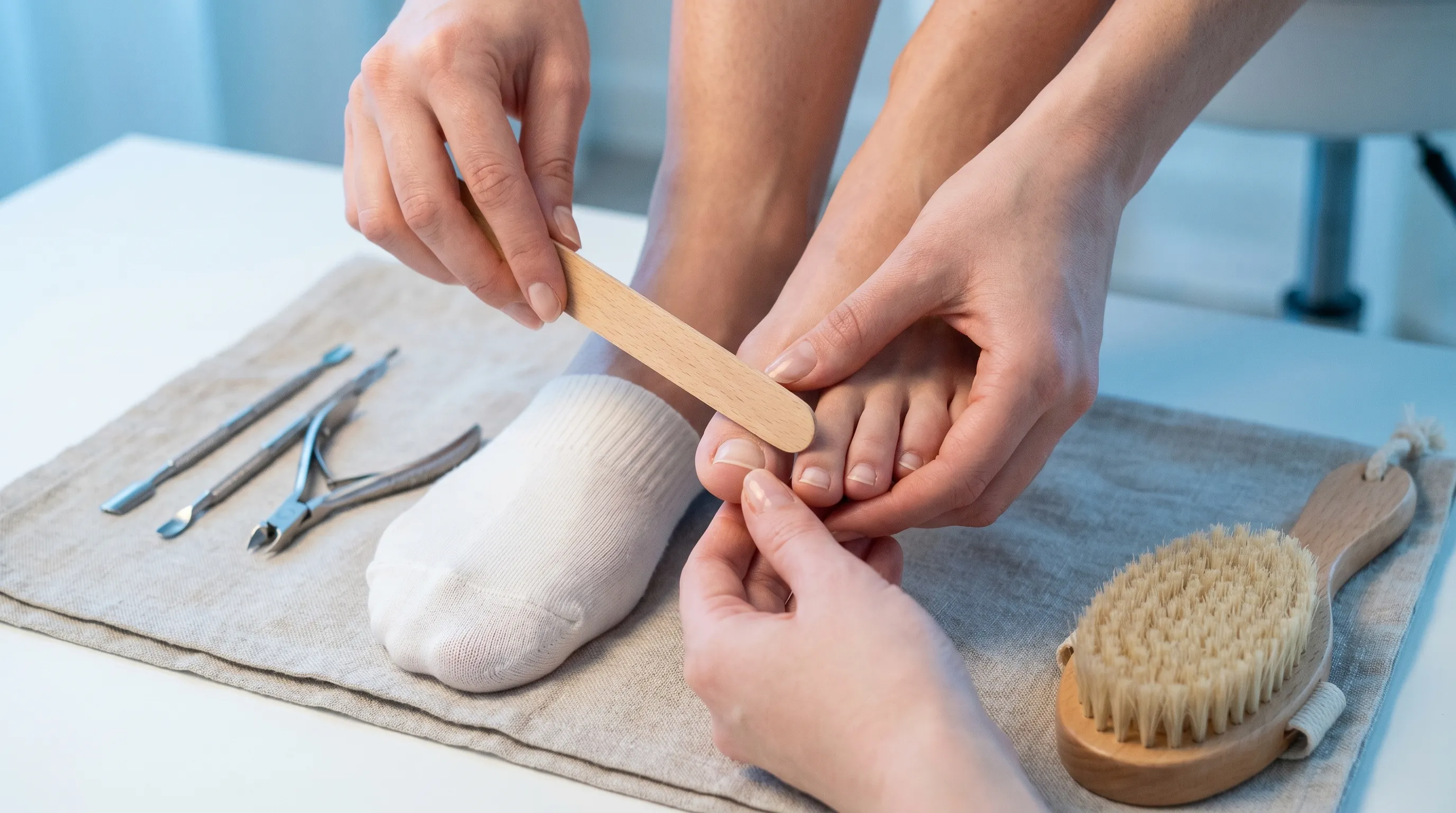 Medical close-up of a podiatrist gently examining a detached toenail with clinical lighting and protective gloves