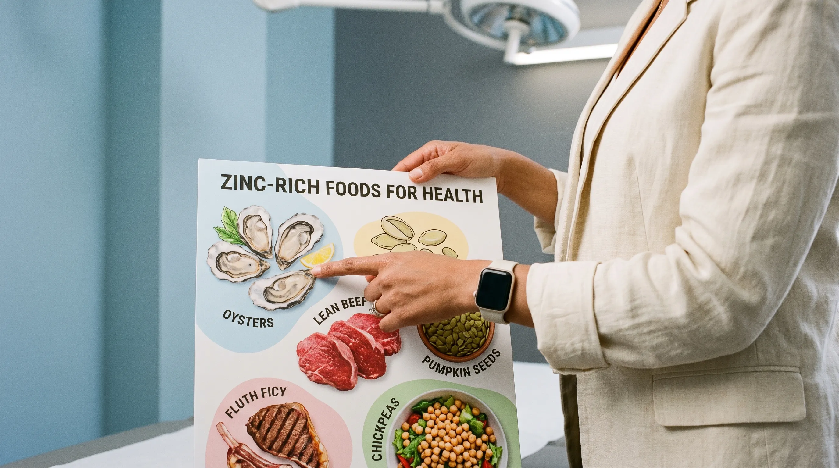 Nutritionist reviewing zinc-rich food options and meal planning strategies for optimal mineral intake