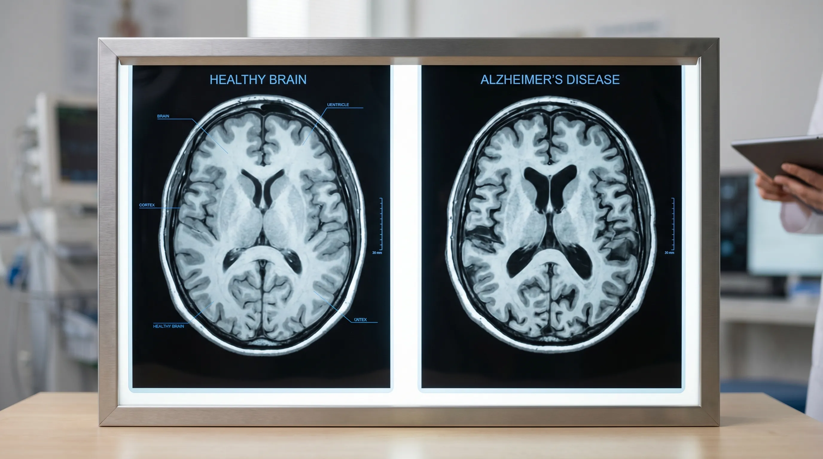 Side-by-side MRI scans showing a healthy brain on the left and a brain with advanced Alzheimer's disease on the right. The Alzheimer's brain shows significant shrinkage and enlarged ventricles.