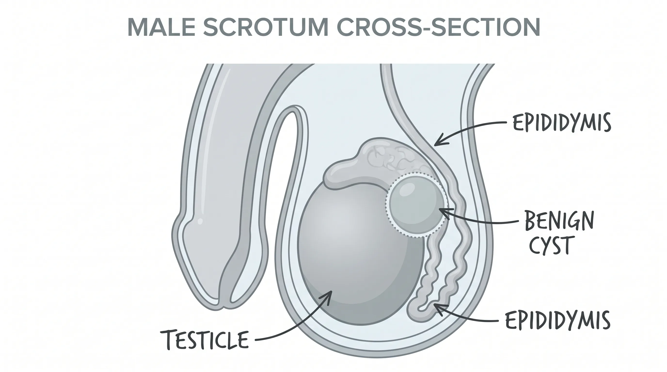 A clinical educational illustration showing the cross-section of a male scrotum highlighting the testicle, epididymis, and a benign cyst, using clean medical diagram style with soft gray and blue shading
