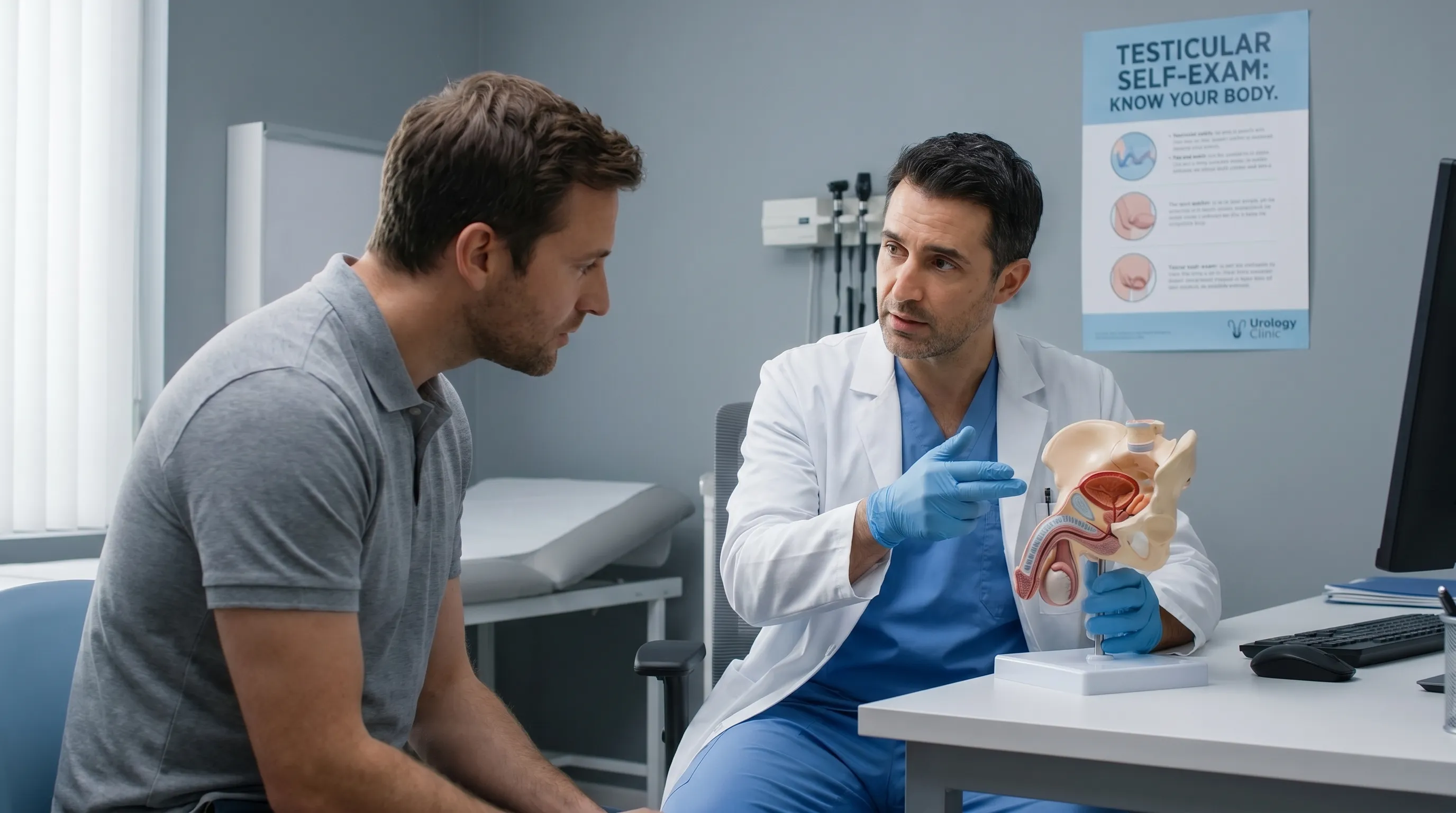 A healthcare professional demonstrating a testicular self-examination technique to a patient using a anatomical model, emphasizing proper hand positioning and gentle palpation, photographed in a modern urology clinic with gray and blue tones