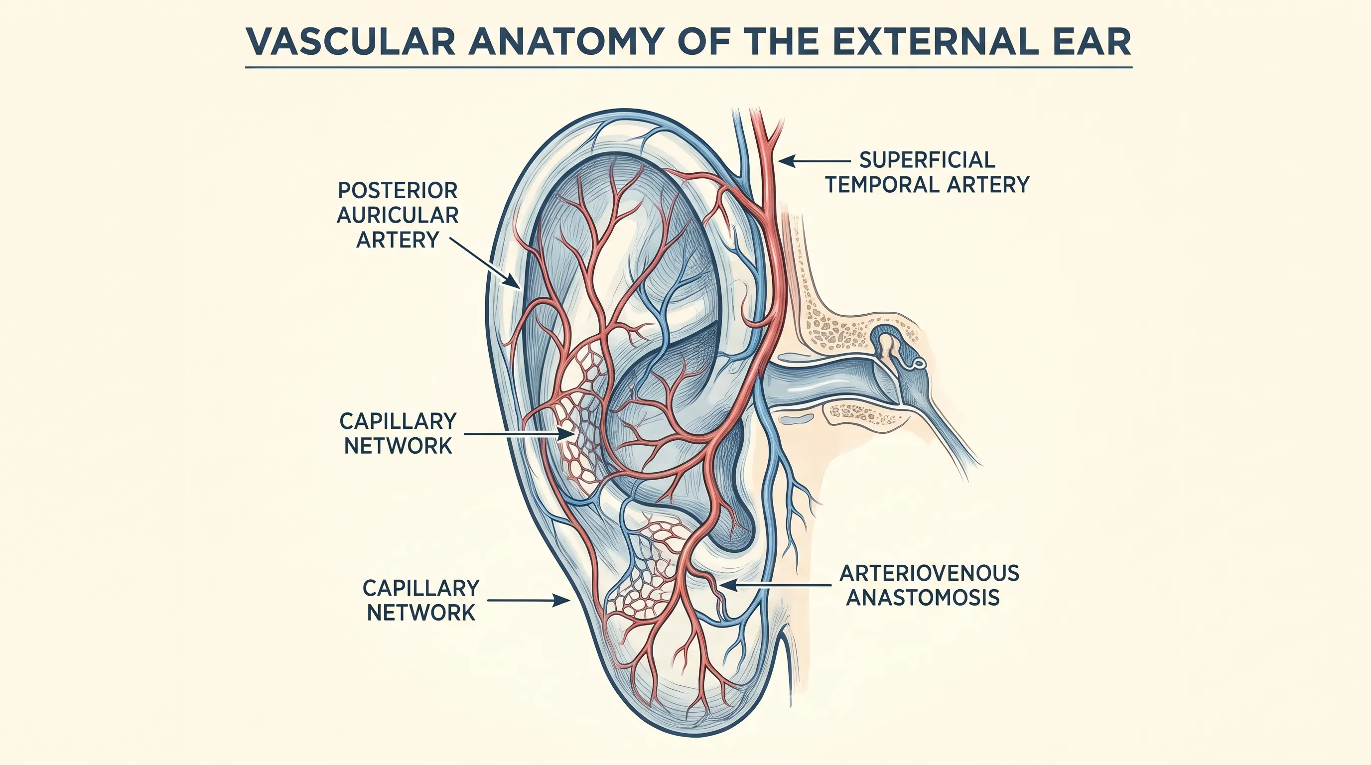 A professional medical illustration showing the vascular anatomy of the external ear with detailed capillary networks and arteriovenous anastomoses, clean clinical style