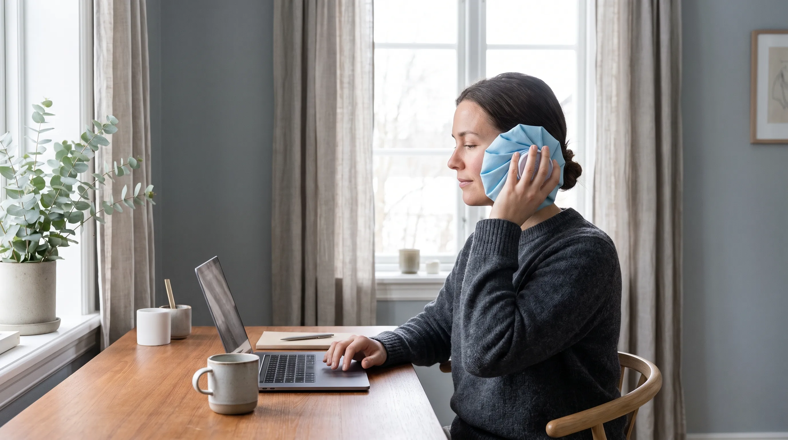 A wellness lifestyle photo of a person applying a wrapped ice pack to their ear while seated at a desk, soft natural lighting, neutral gray-blue palette