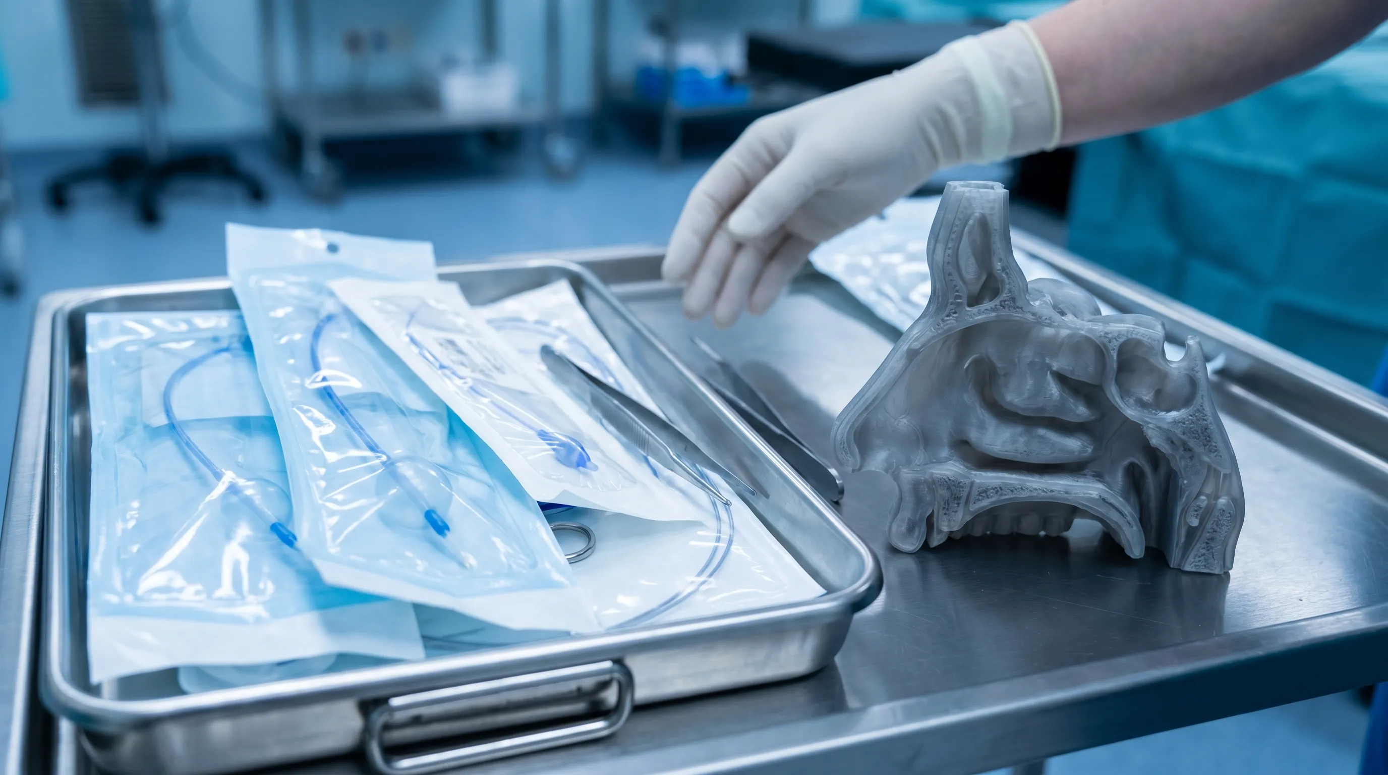 A sterile ENT examination room with a specialist holding a nasal endoscope and a balloon catheter device, demonstrating the procedure to a patient seated nearby, clinical blue and gray lighting