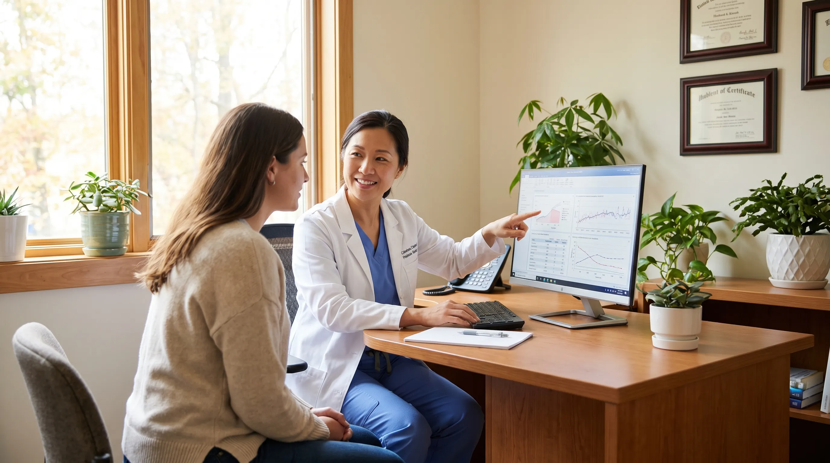 Woman experiencing sudden energy exhaustion while reviewing symptoms with a healthcare professional in a modern clinic