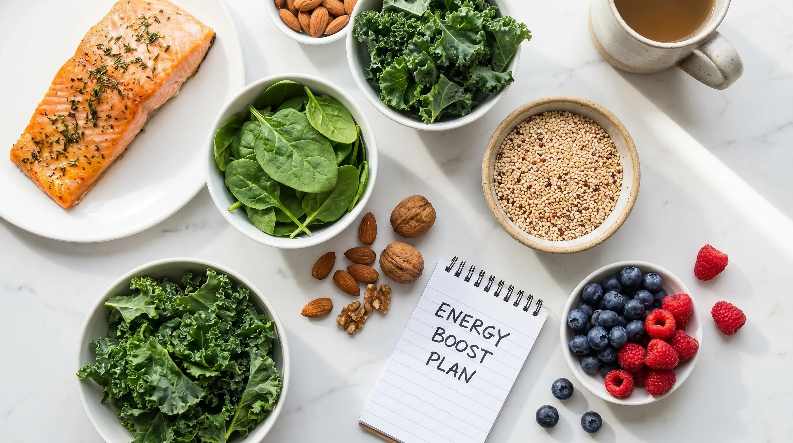 Nutrient-dense whole foods including leafy greens, lean proteins, and complex carbohydrates arranged for optimal female metabolic health