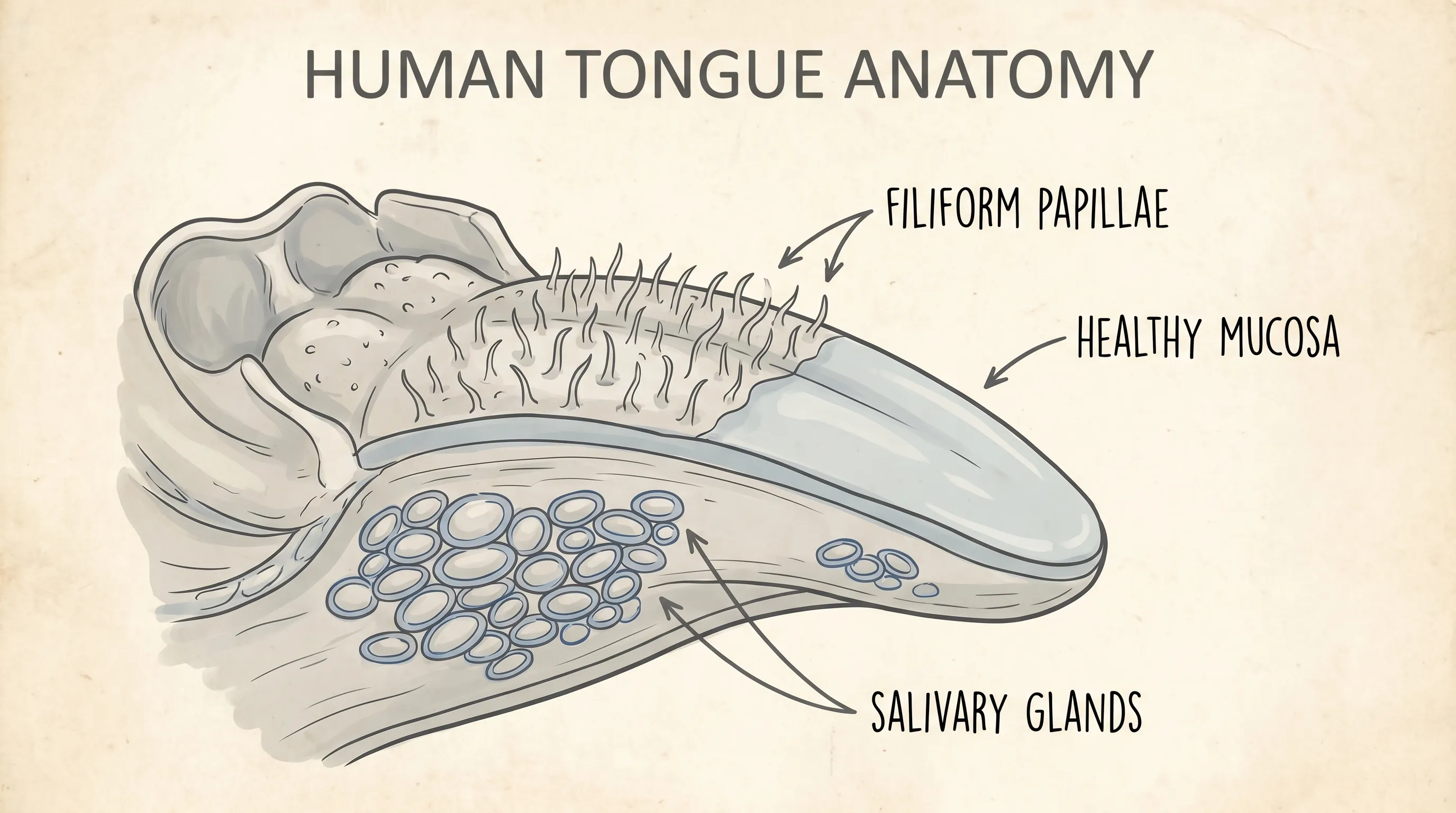 A detailed medical illustration of human tongue anatomy highlighting filiform papillae, healthy mucosa, and salivary glands, clean clinical style, gray and blue tones, 4:3 ratio