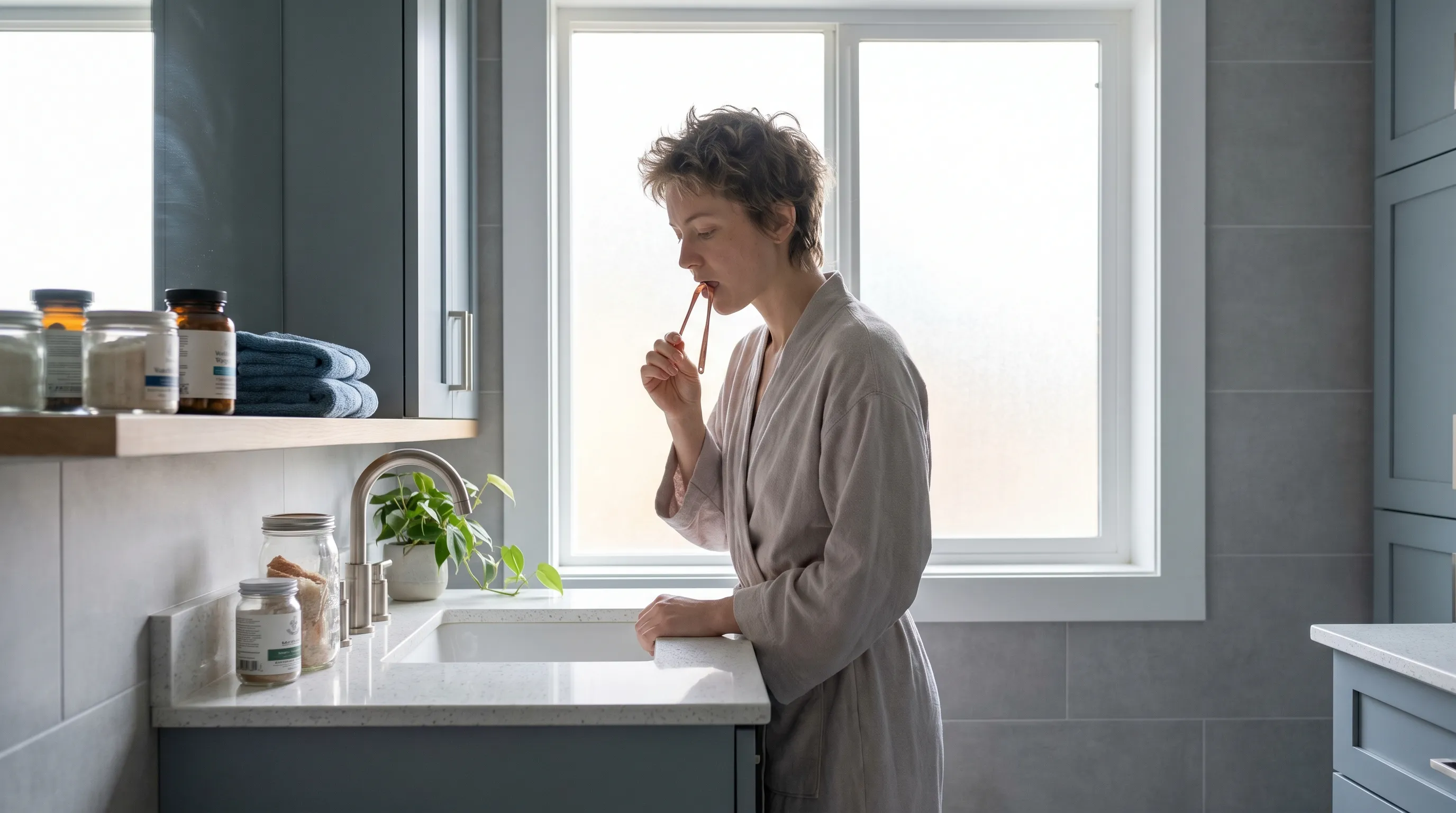 A person standing in a modern bathroom gently using a tongue scraper during morning oral care routine, soft natural lighting, health and wellness lifestyle aesthetic, gray and blue tones, 4:3 ratio