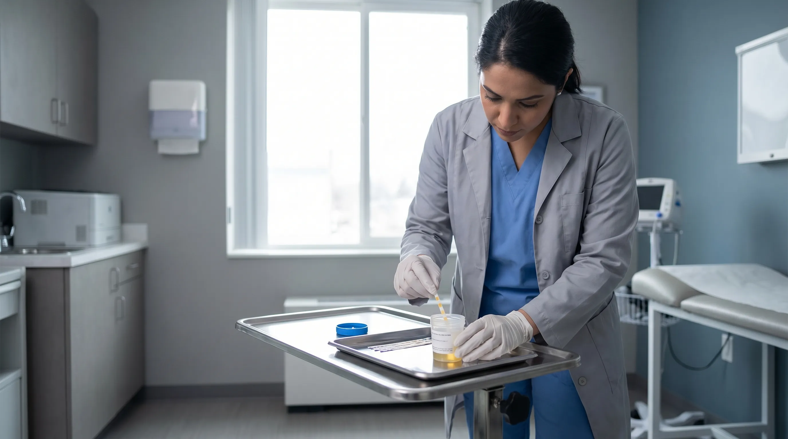 A medical professional performing a urine dipstick test