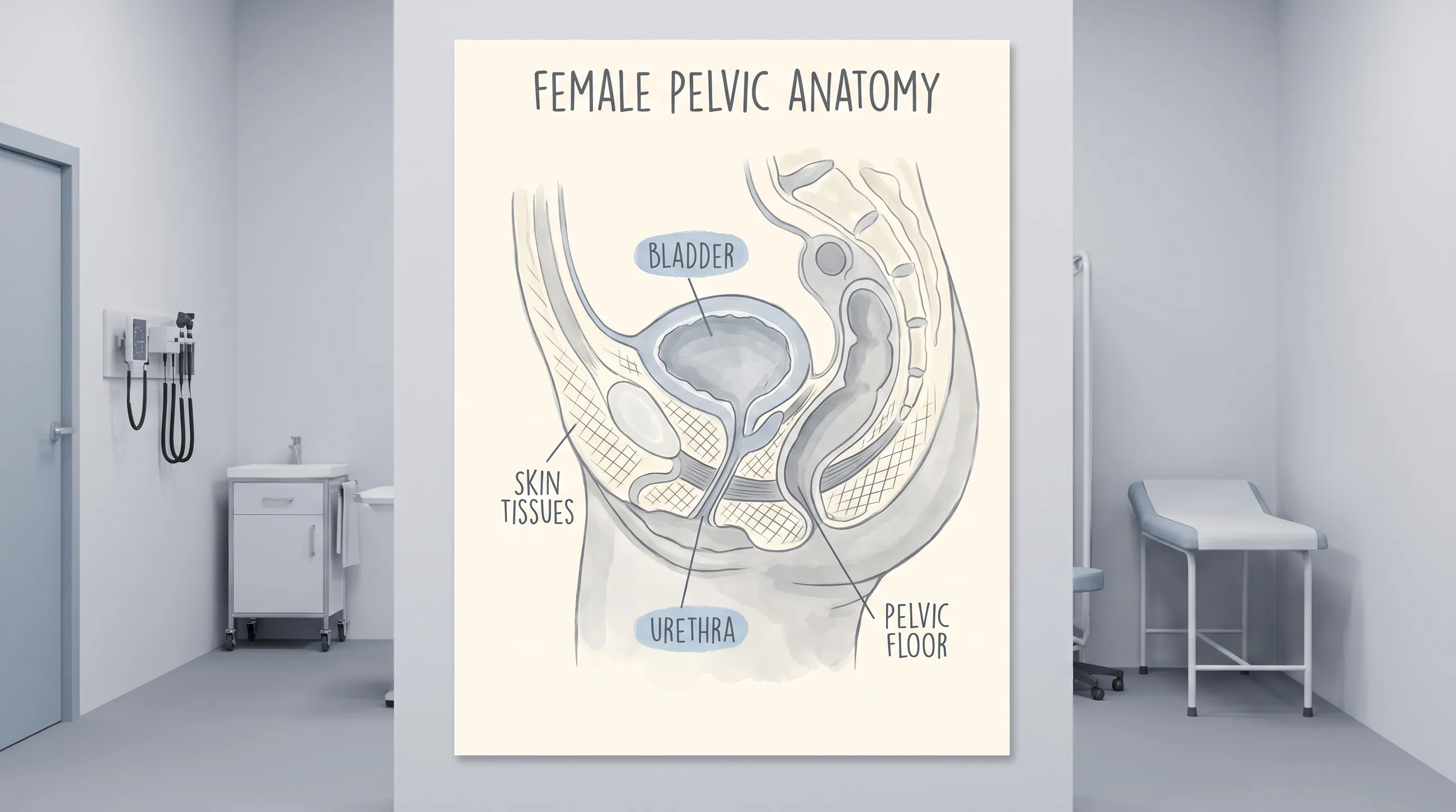 A clinical yet comforting medical illustration showing the female pelvic anatomy with clear labeling of the bladder, urethra, and surrounding skin tissues, rendered in soft gray and blue tones for educational clarity