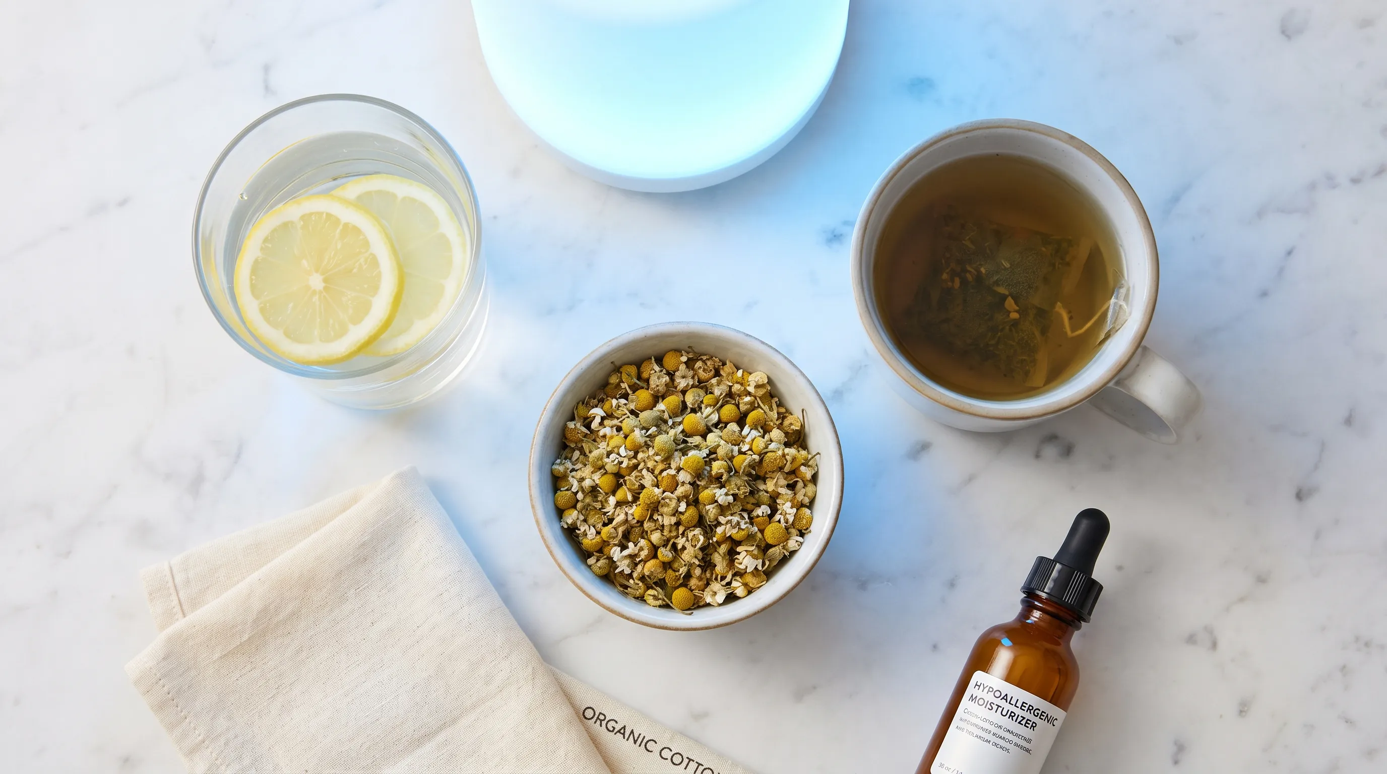 A soothing wellness flatlay featuring a clear glass of water with fresh lemon slices, chamomile tea, organic cotton fabric, and a small bottle of hypoallergenic moisturizer, arranged on a clean marble surface with soft blue ambient lighting