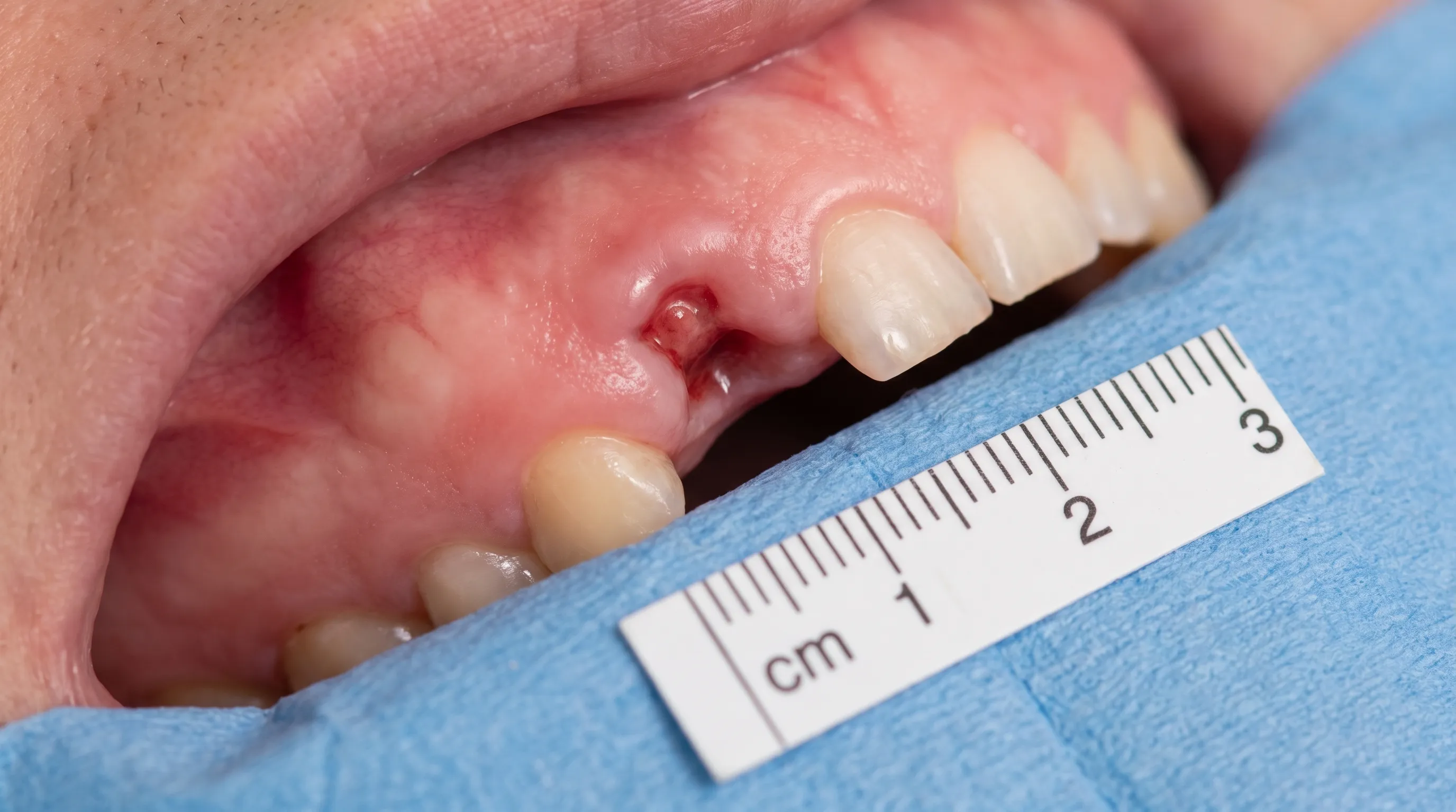A close-up clinical photo showing a healthy healing tooth extraction socket with intact gum tissue, soft natural lighting, medical photography style.