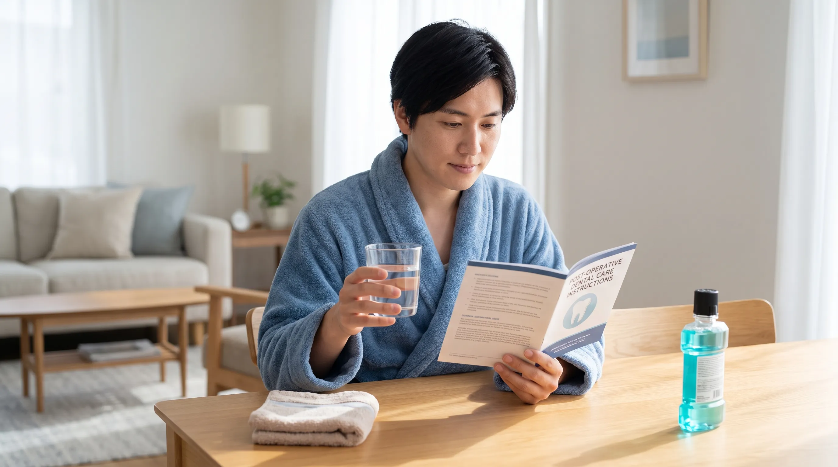 A patient carefully following post-operative dental care instructions at home, reading a recovery guide while holding a glass of water, calm and clean domestic setting.