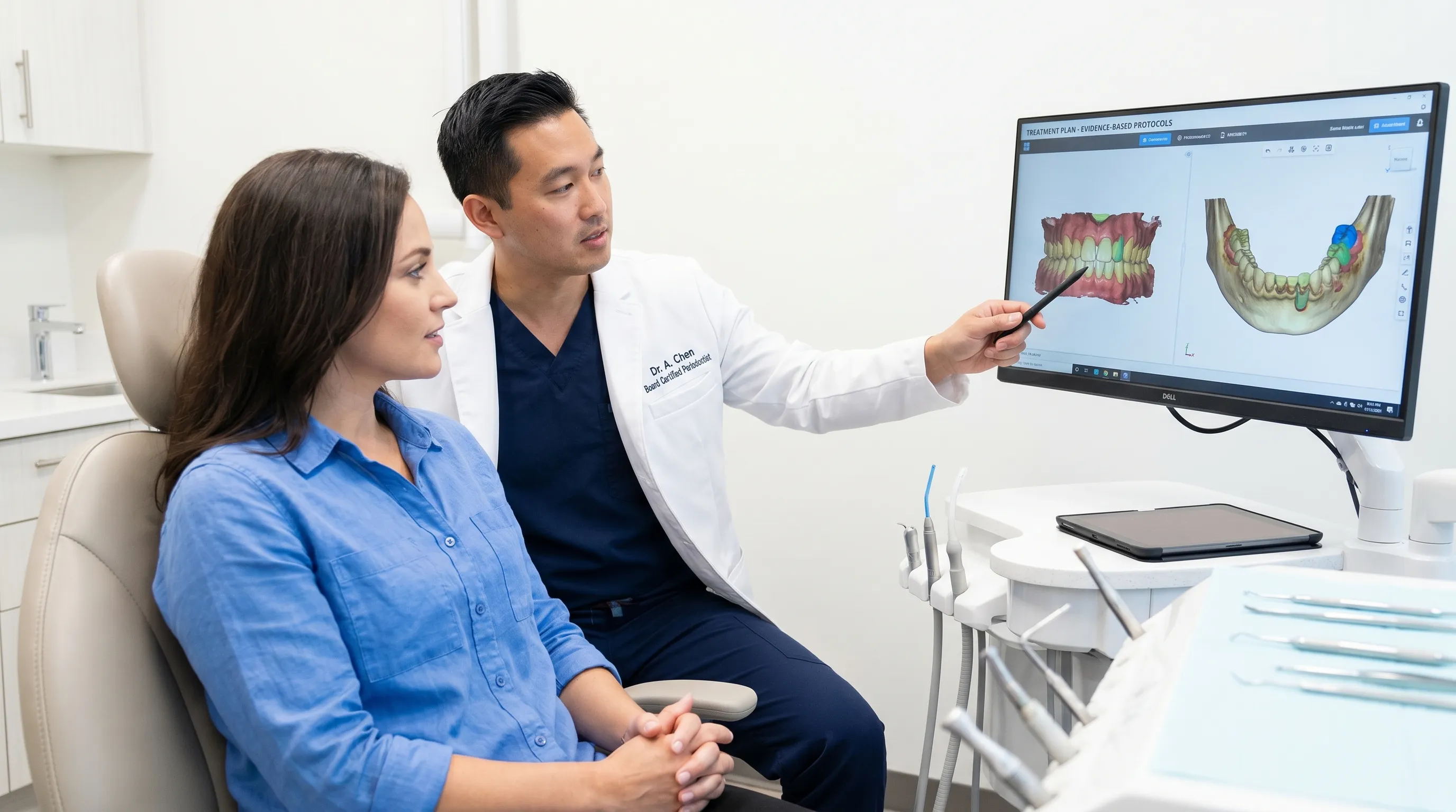 Patient consulting with a board-certified periodontist in a clinical examination room reviewing digital scans
