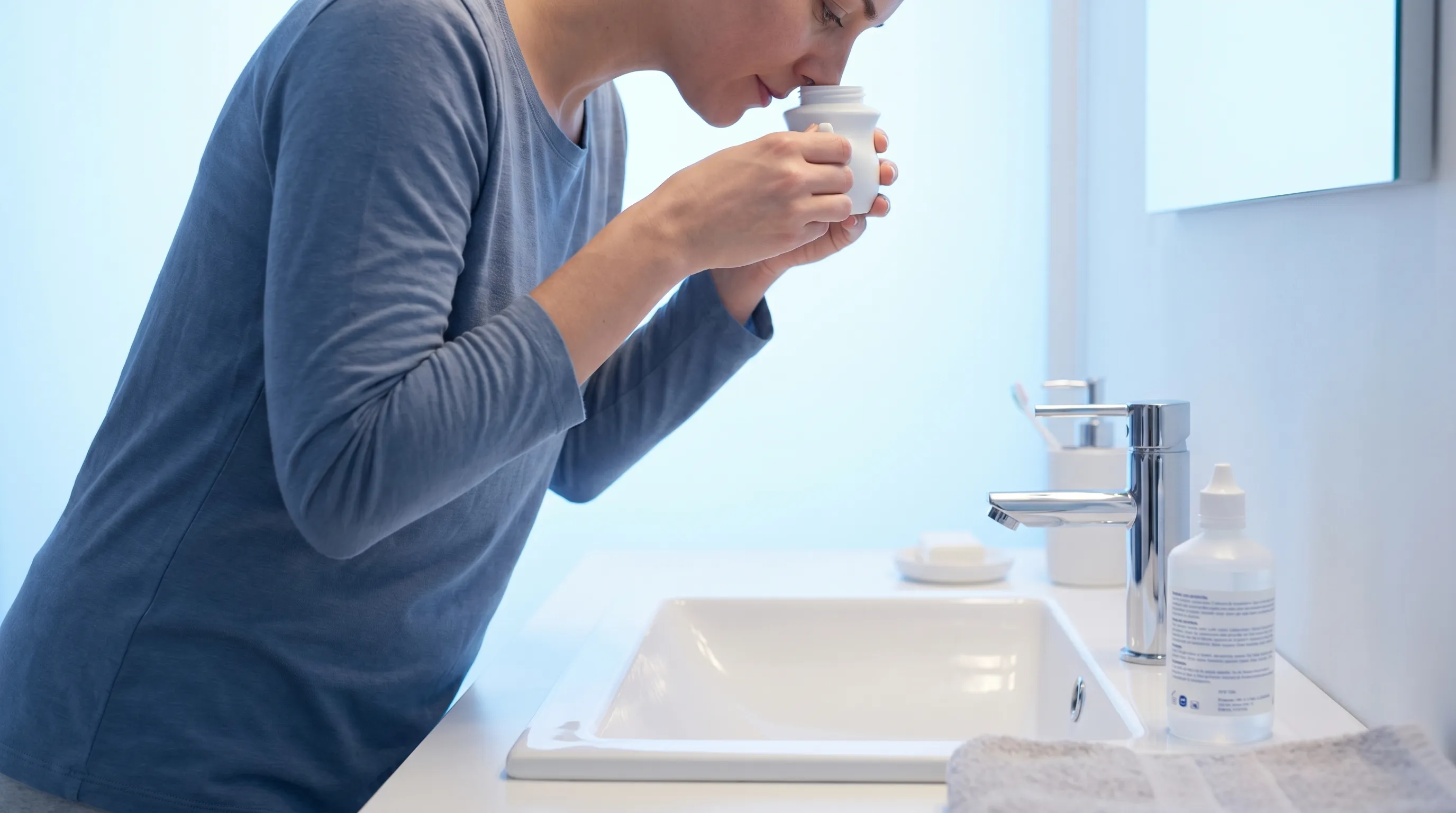 A professional medical lifestyle photo showing a person gently applying a saline nasal rinse in a clean, well-lit bathroom with soft blue lighting, emphasizing allergy relief routines, realistic style, 16:9 aspect ratio