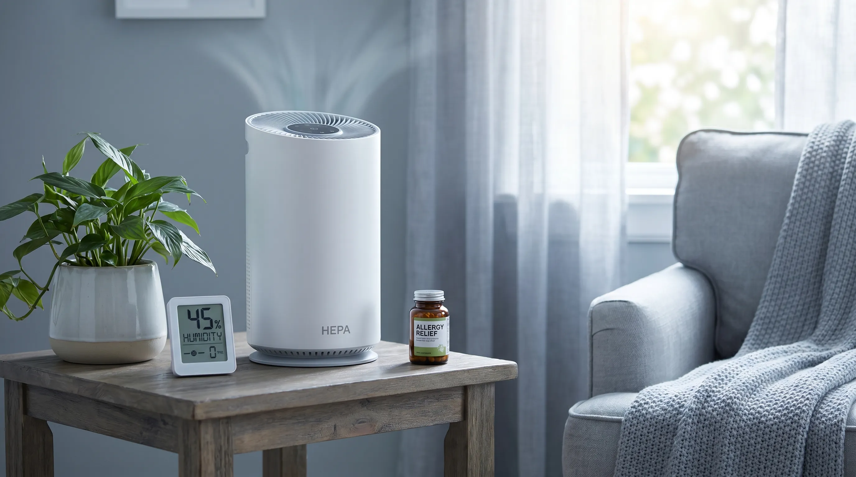 A serene indoor setting with a HEPA air purifier running on a wooden side table next to a hygrometer, potted plant, and allergy medication bottle, soft gray and blue color grading, clinical but homey atmosphere, 16:9 aspect ratio