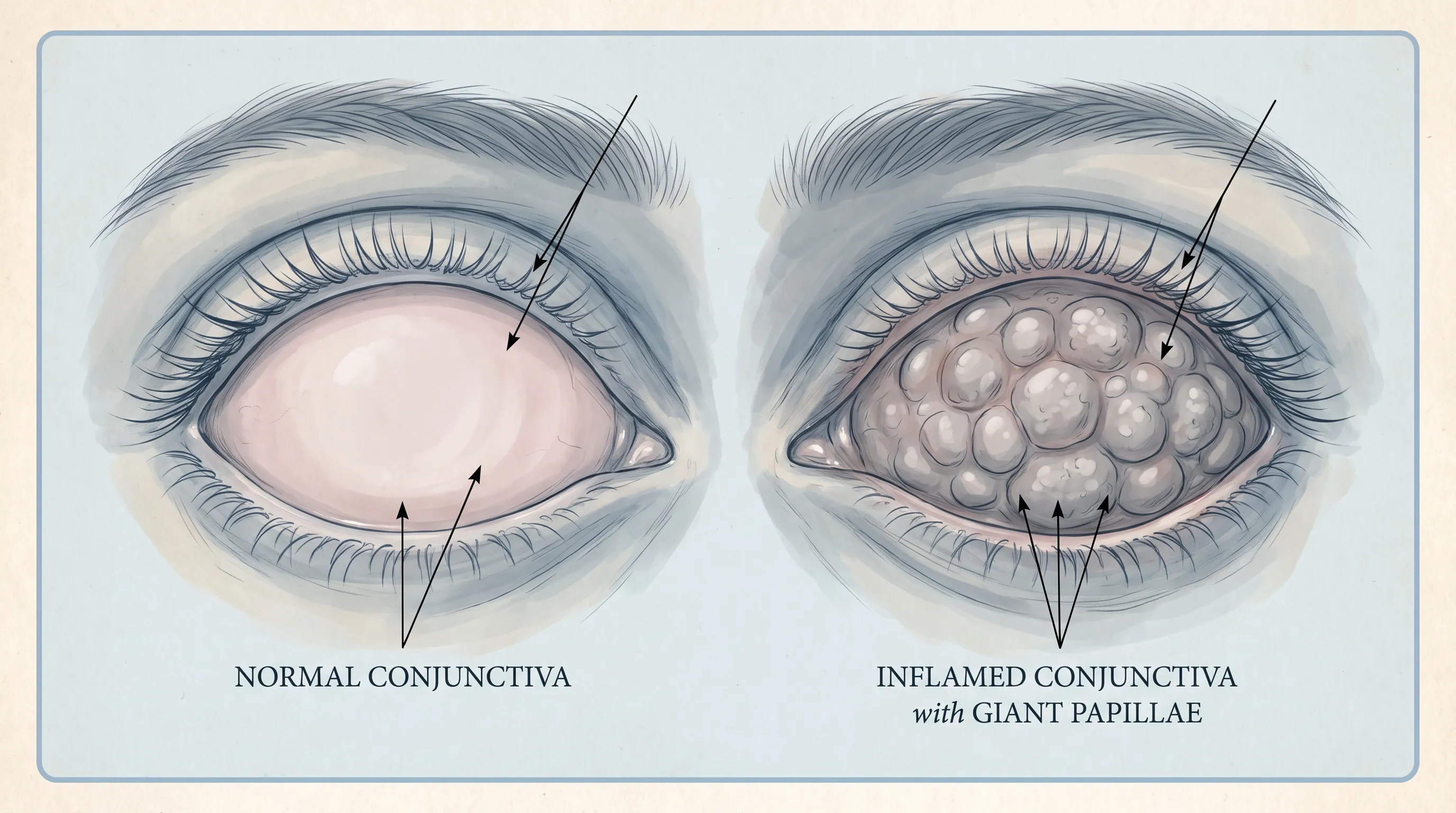 Detailed medical illustration of an everted upper eyelid showing normal conjunctiva alongside an inflamed conjunctiva with giant papillae, soft blue and gray color scheme, 4:3 ratio