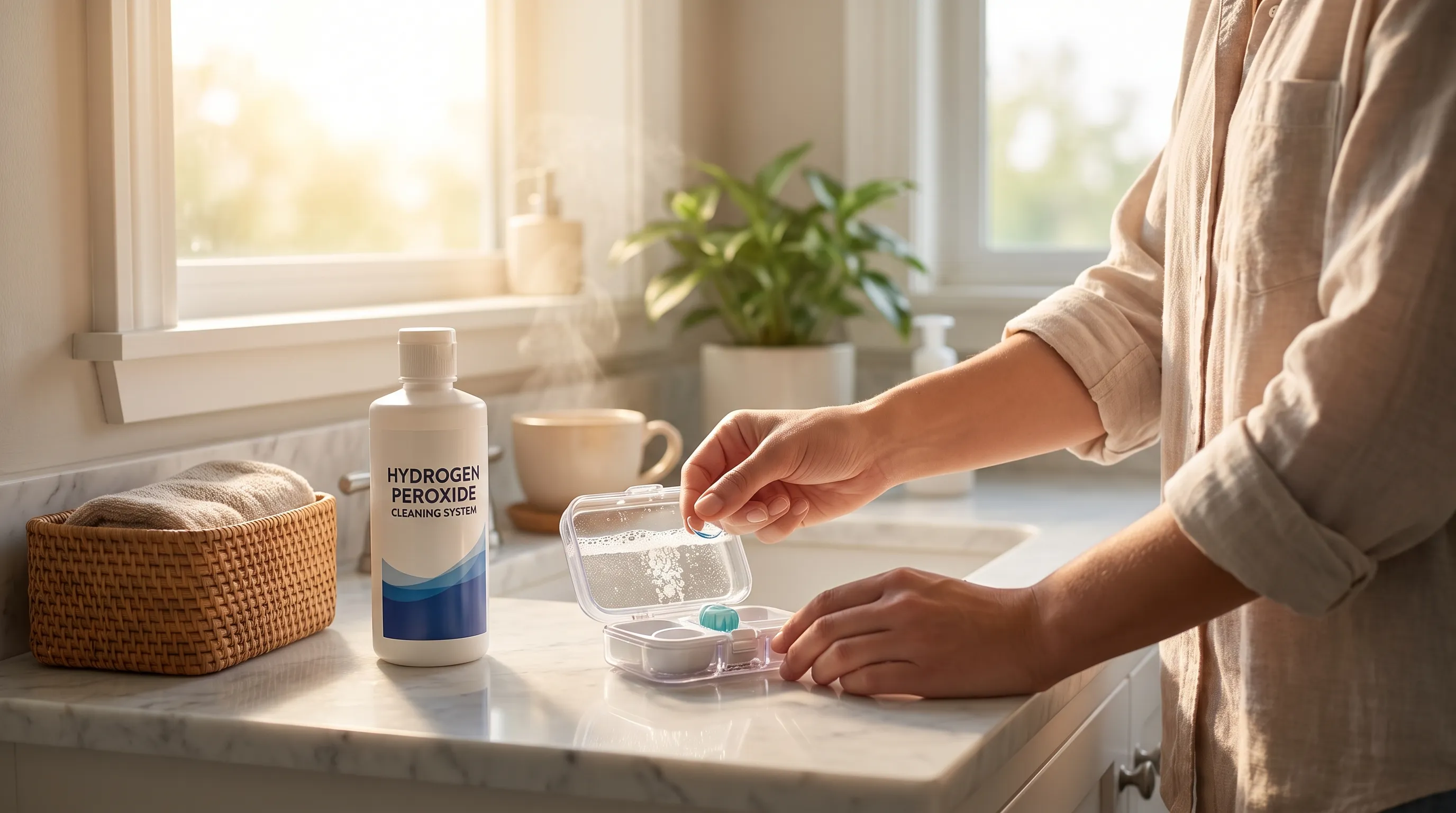 Lifestyle scene of a person carefully cleaning and storing contact lenses using a hydrogen peroxide cleaning system on a clean bathroom counter with soft morning lighting, 4:3 ratio
