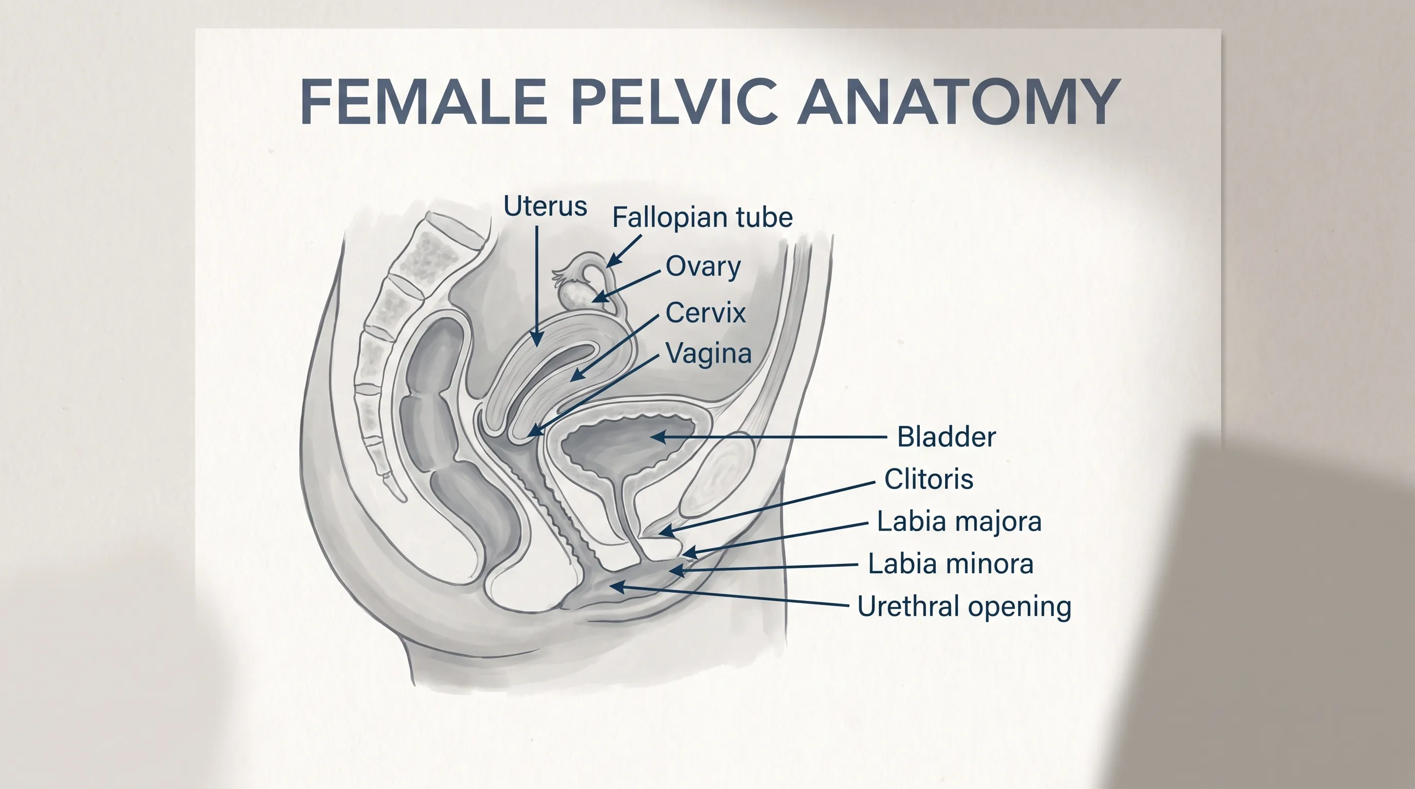 A clean, medically accurate anatomical illustration of the female pelvic region with labeled external and internal reproductive organs, soft lighting, educational poster style, gray and blue color palette