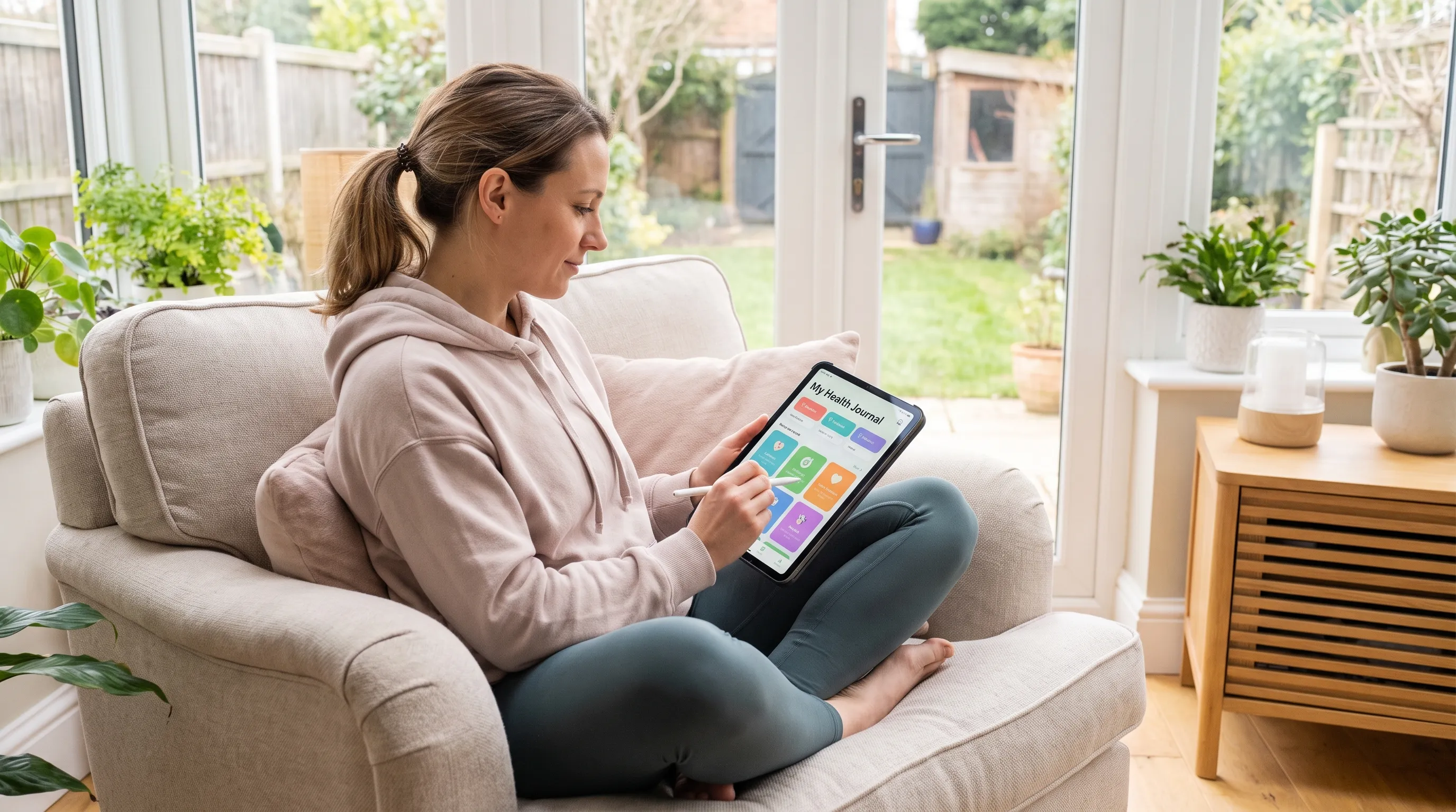 A woman in her thirties reviewing a digital health journal on a tablet while sitting in a comfortable, sunlit wellness room, wearing casual athletic clothing, calm and focused expression, lifestyle photography, 4:3 ratio
