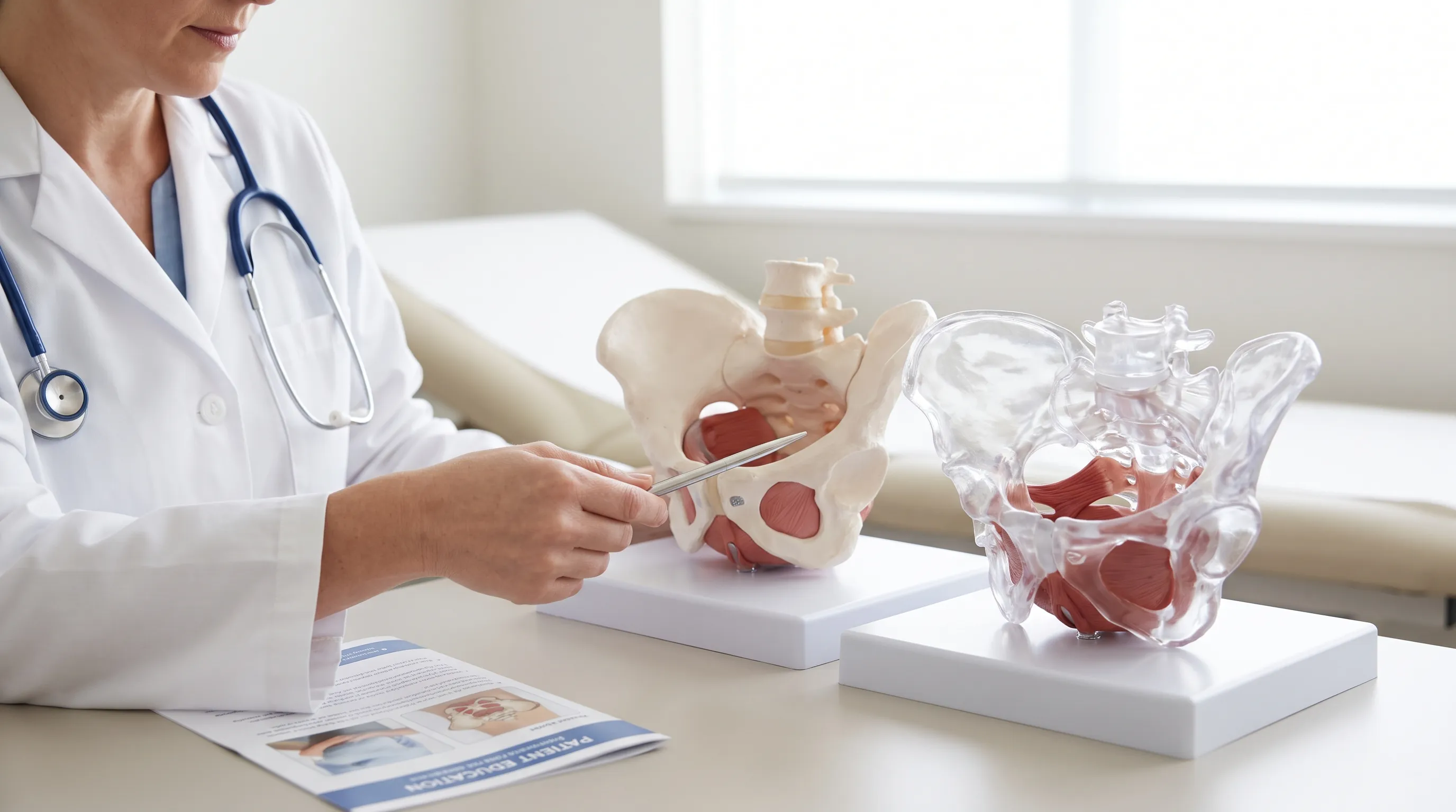 Close-up of a healthcare professional demonstrating proper pelvic floor exercise positioning with anatomical mannequin models, clinical setting, soft natural lighting, professional medical photography, 4:3 ratio