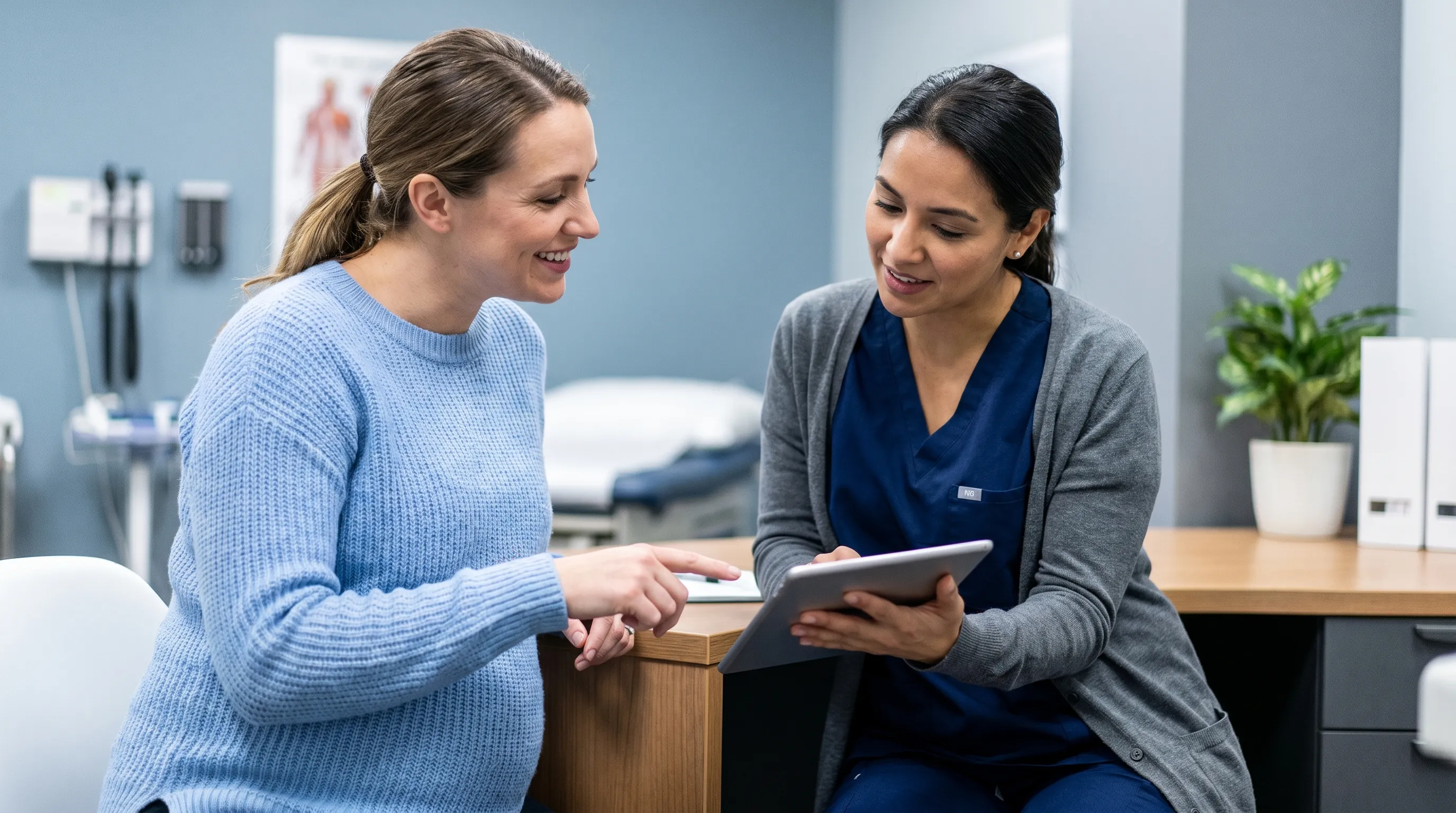 A pregnant woman discussing her ice cravings with a compassionate obstetrician during a routine prenatal visit