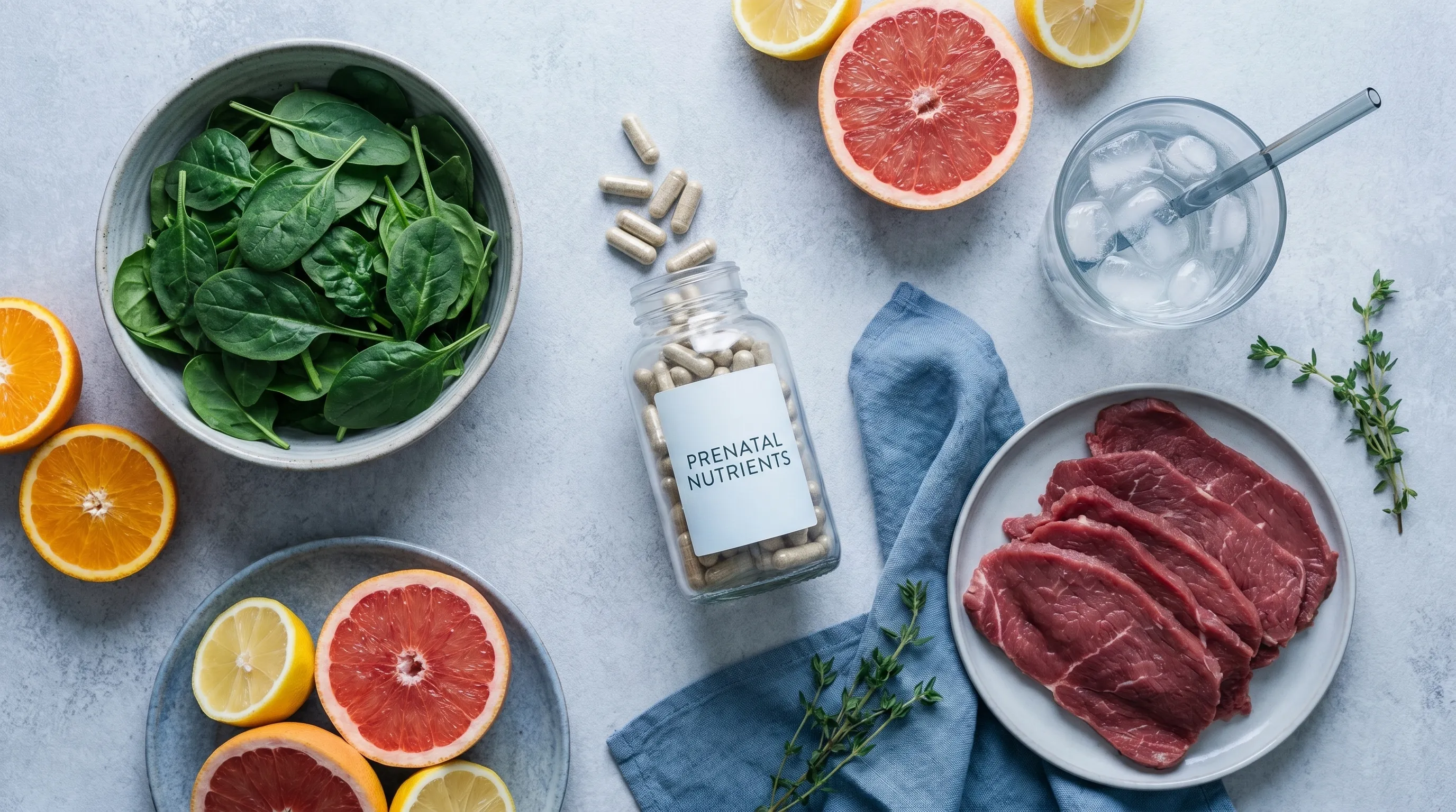 Nutritious foods rich in iron including lean meats, leafy greens, legumes, and citrus fruits arranged beside prenatal supplements