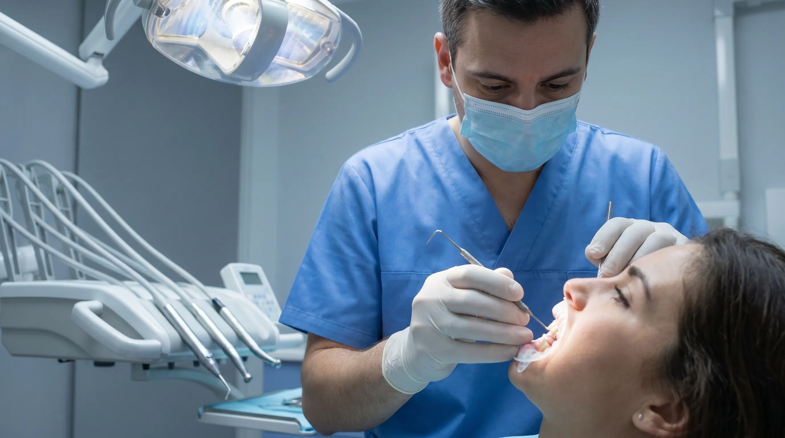 Close-up of a dental professional examining a patient's gums using a periodontal probe, bright clinical setting, gray and blue color palette, realistic medical photography