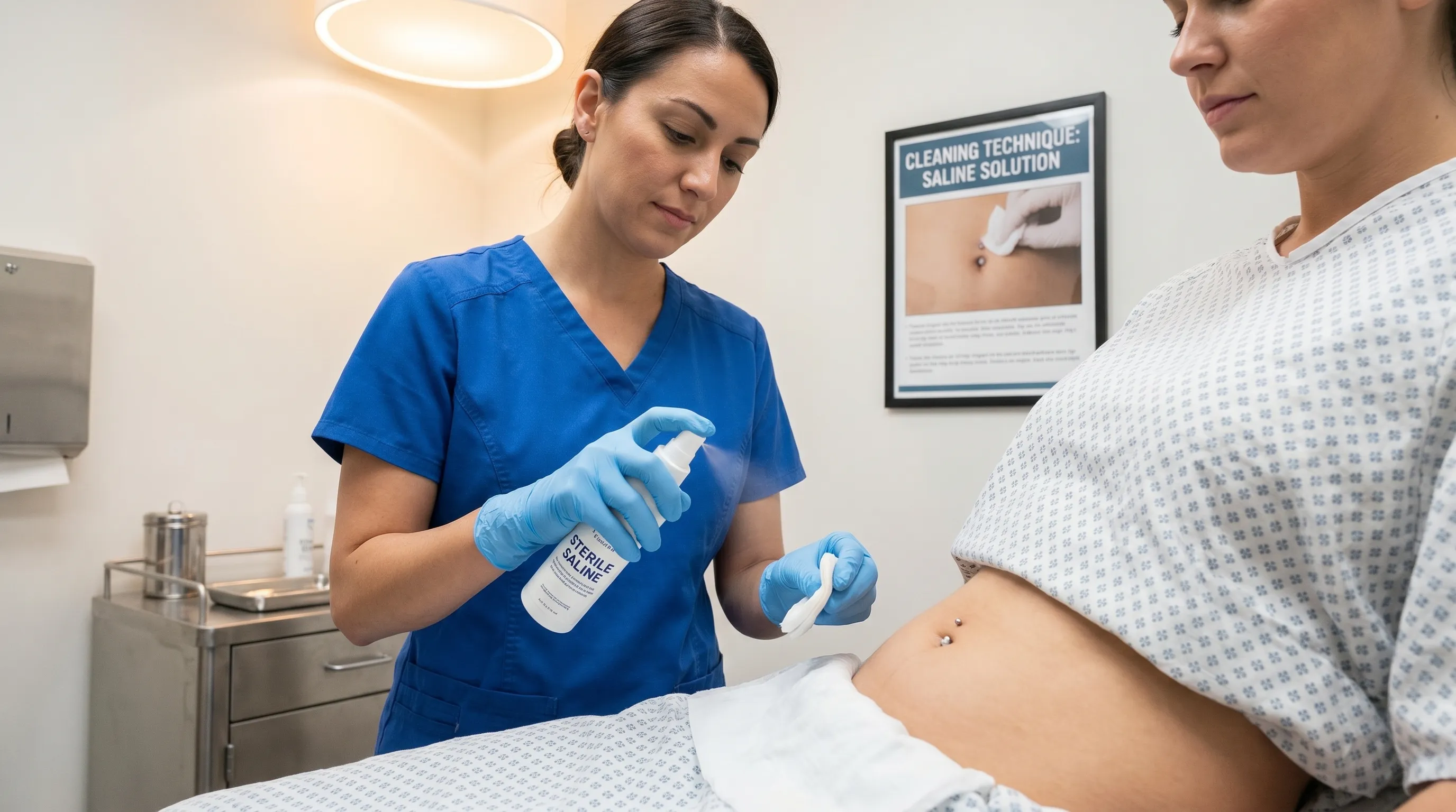 A professional piercer demonstrating sterile saline cleaning technique on a model's abdomen area, clinical but warm lighting, medical photography style, descriptive and educational tone