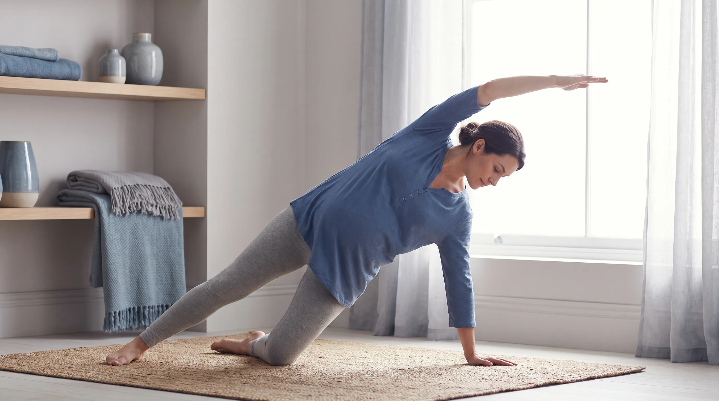 Beschreibung eines Alternativtexts: Eine Frau macht neben einem Fenster bei natürlichem Licht auf einer Yogamatte sanfte Dehn- und Meditationsübungen