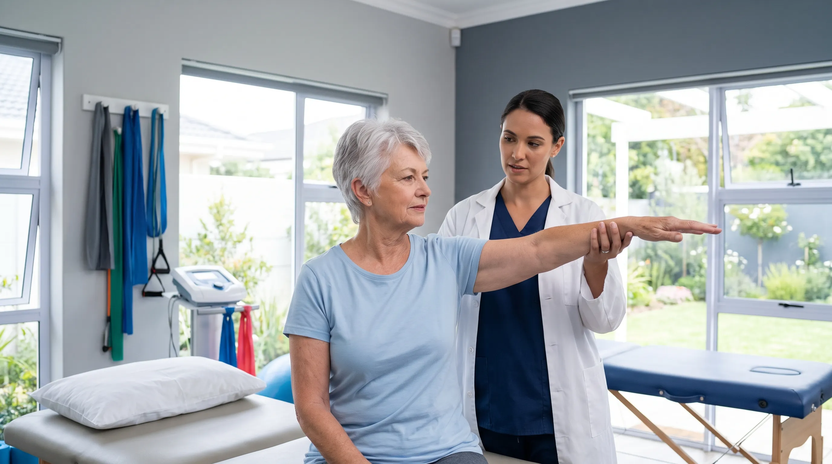 An older adult performing guided passive range-of-motion exercises with a physical therapist in a well-lit rehabilitation clinic, focusing on arm mobility and muscle tone assessment, professional medical photography, gray and blue tones, 4:3 ratio