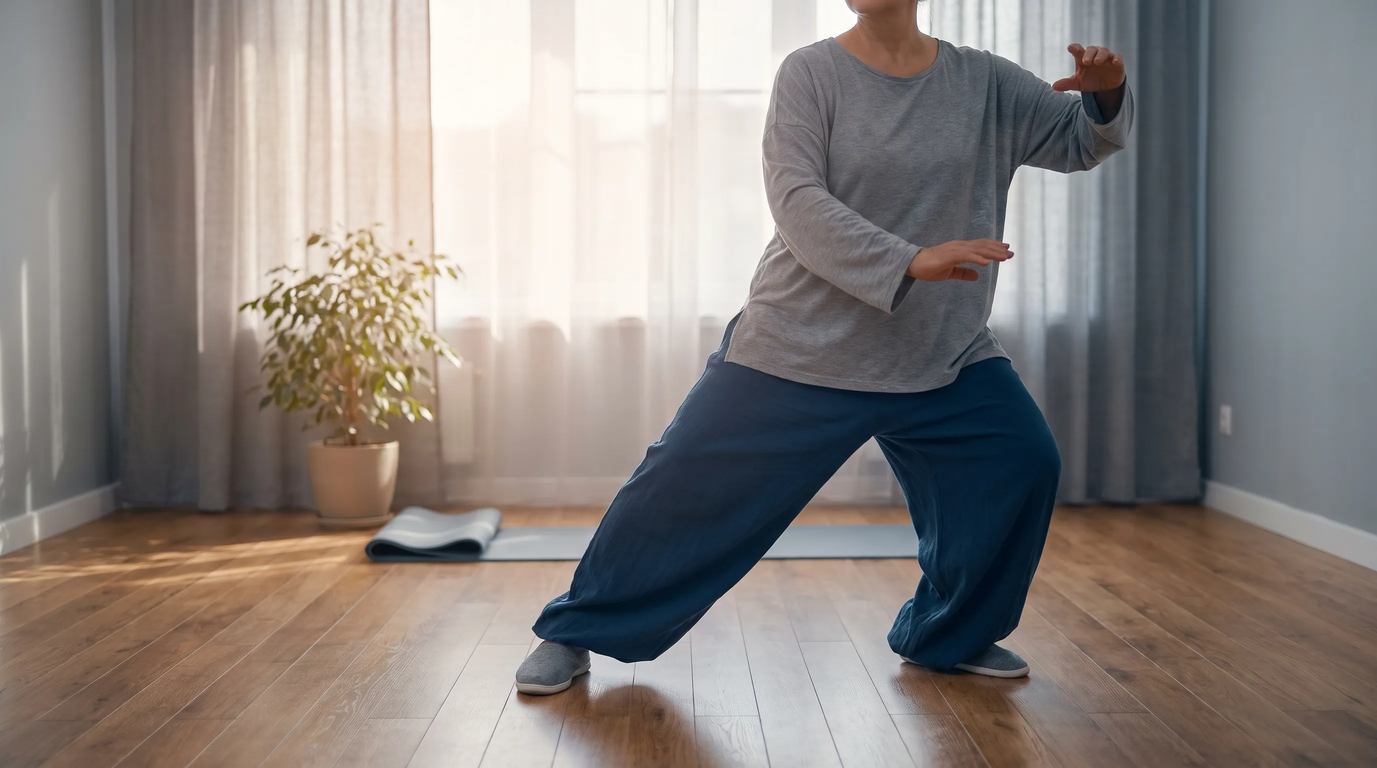 A serene home wellness setting where an individual practices gentle tai chi movements on a hardwood floor, demonstrating improved balance and joint flexibility, soft natural lighting, health and lifestyle photography, gray and blue tones, 4:3 ratio