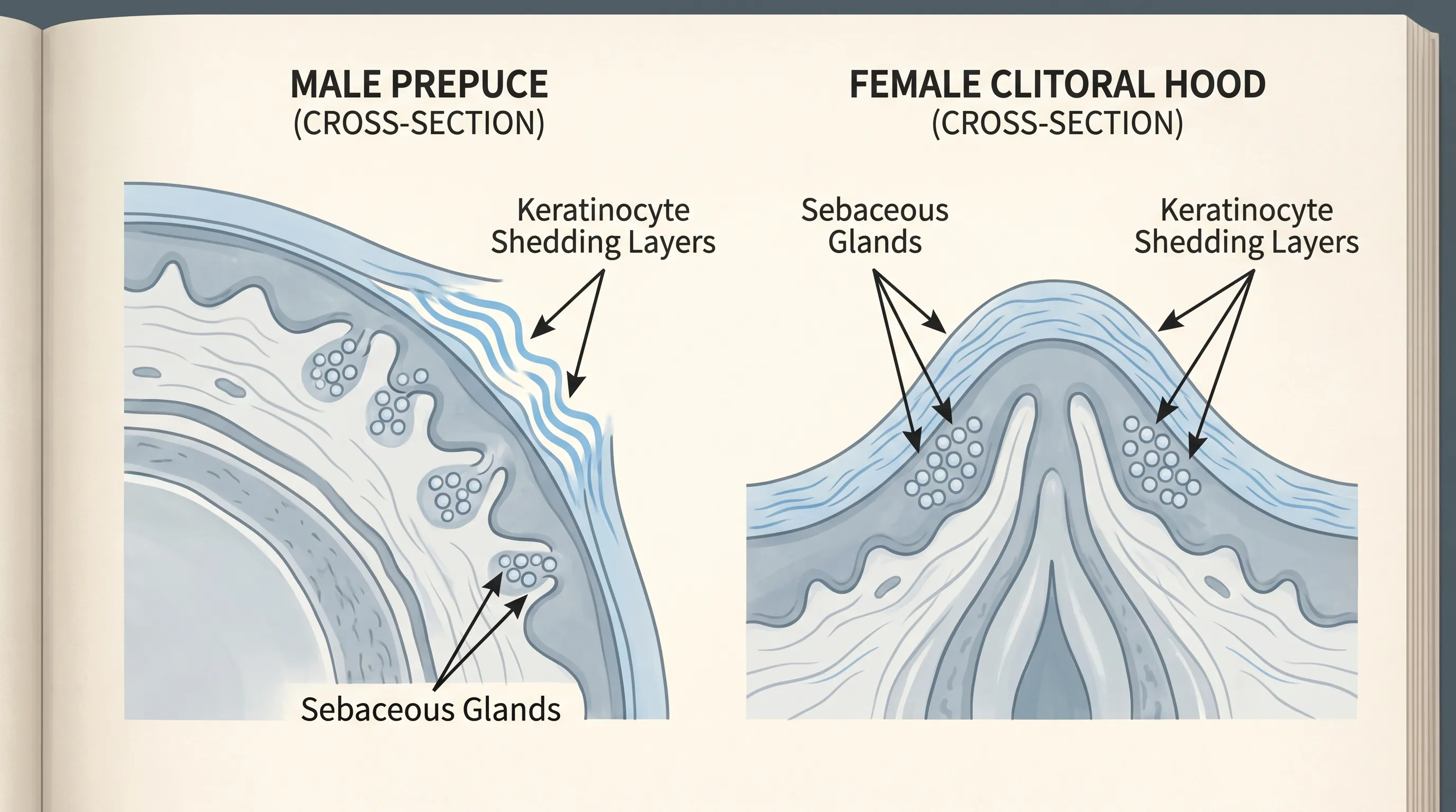 Clinical educational diagram showing cross-sectional anatomy of the male prepuce and female clitoral hood with highlighted sebaceous glands and keratinocyte shedding layers, rendered in soft blue and gray medical illustration style