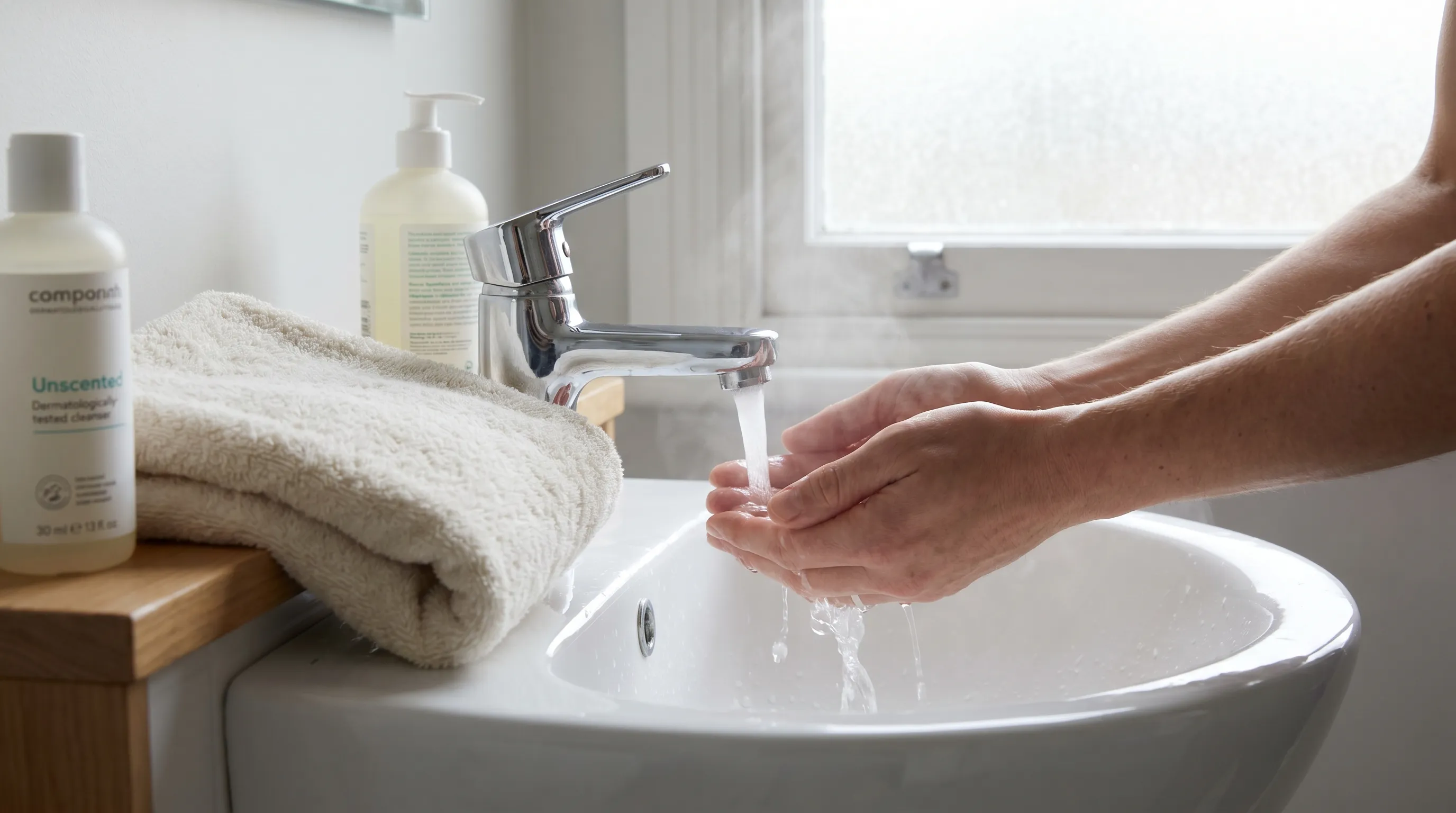 Gentle daily hygiene routine scene with hands using lukewarm water to cleanse, soft cotton towel nearby, neutral bathroom lighting, emphasizing safe and non-irritating genital care practices, 4:3 ratio