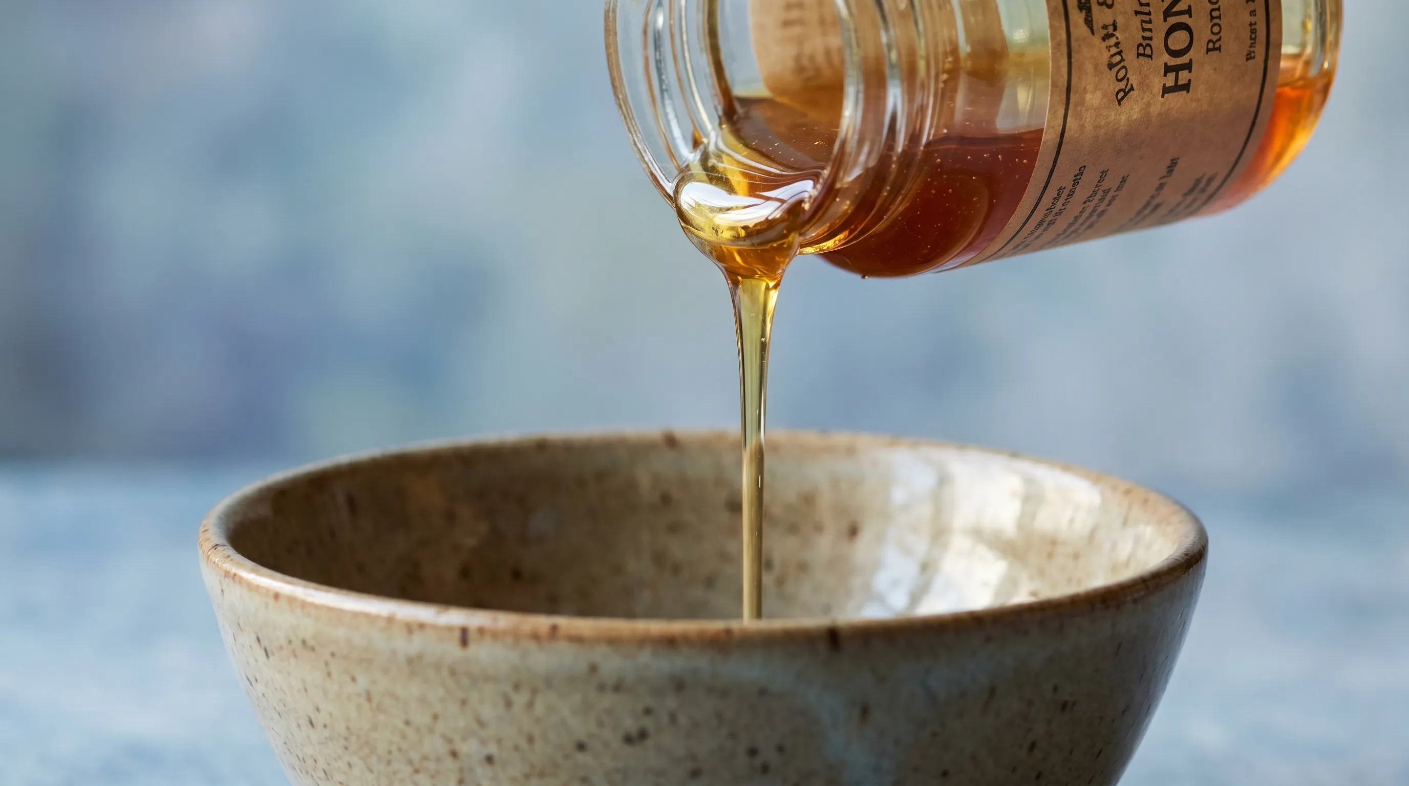Clear amber liquid honey being poured from a glass jar into a ceramic bowl, with soft blue-gray background lighting, professional food photography style