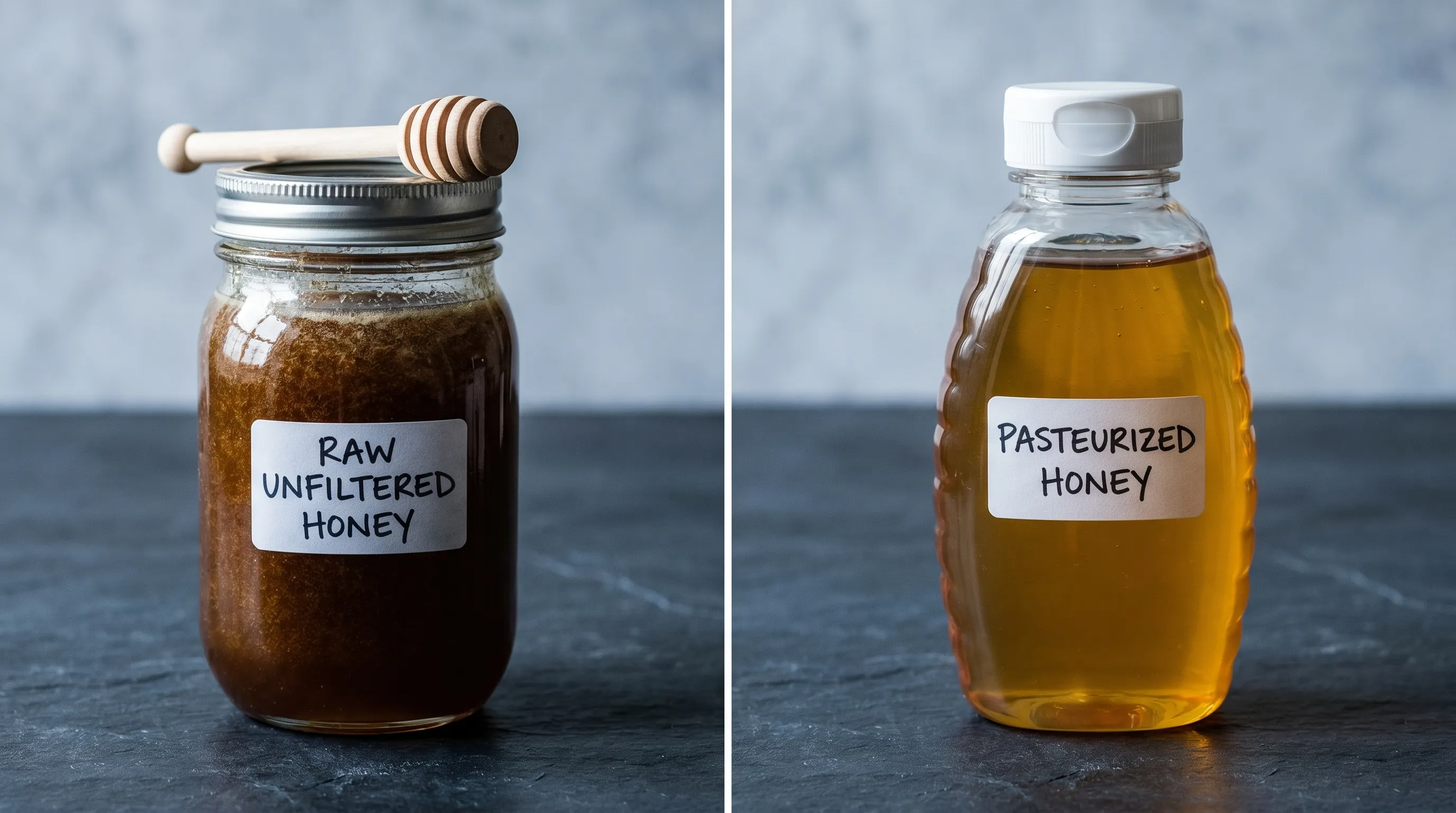 Side-by-side comparison of raw dark unfiltered honey versus clear smooth pasteurized honey on a slate countertop, gray and blue color grading