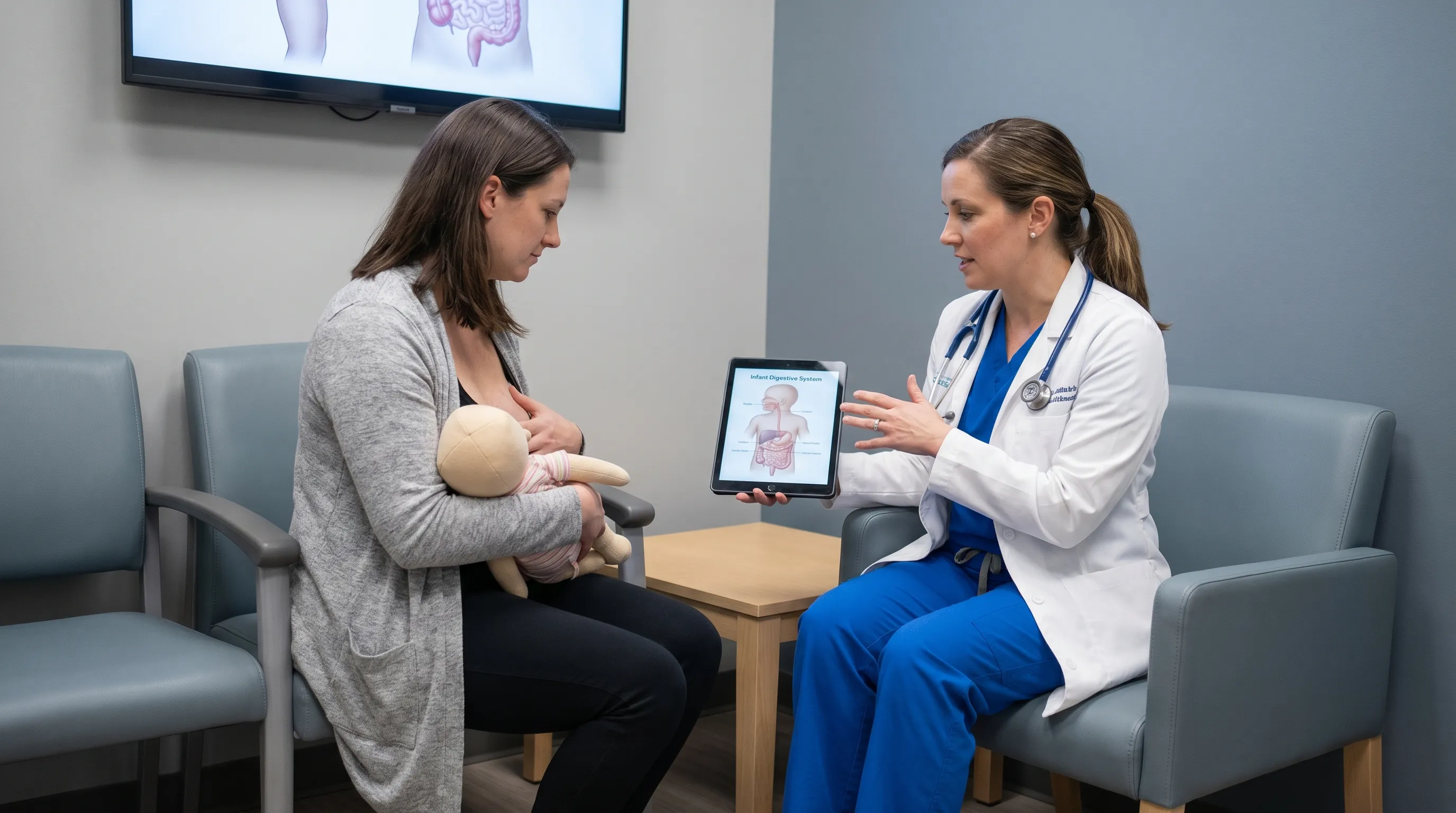 A pediatric healthcare professional demonstrating proper infant positioning for breastfeeding while explaining digestive mechanics in a clean, modern clinical setting with soft lighting and gray and blue tones