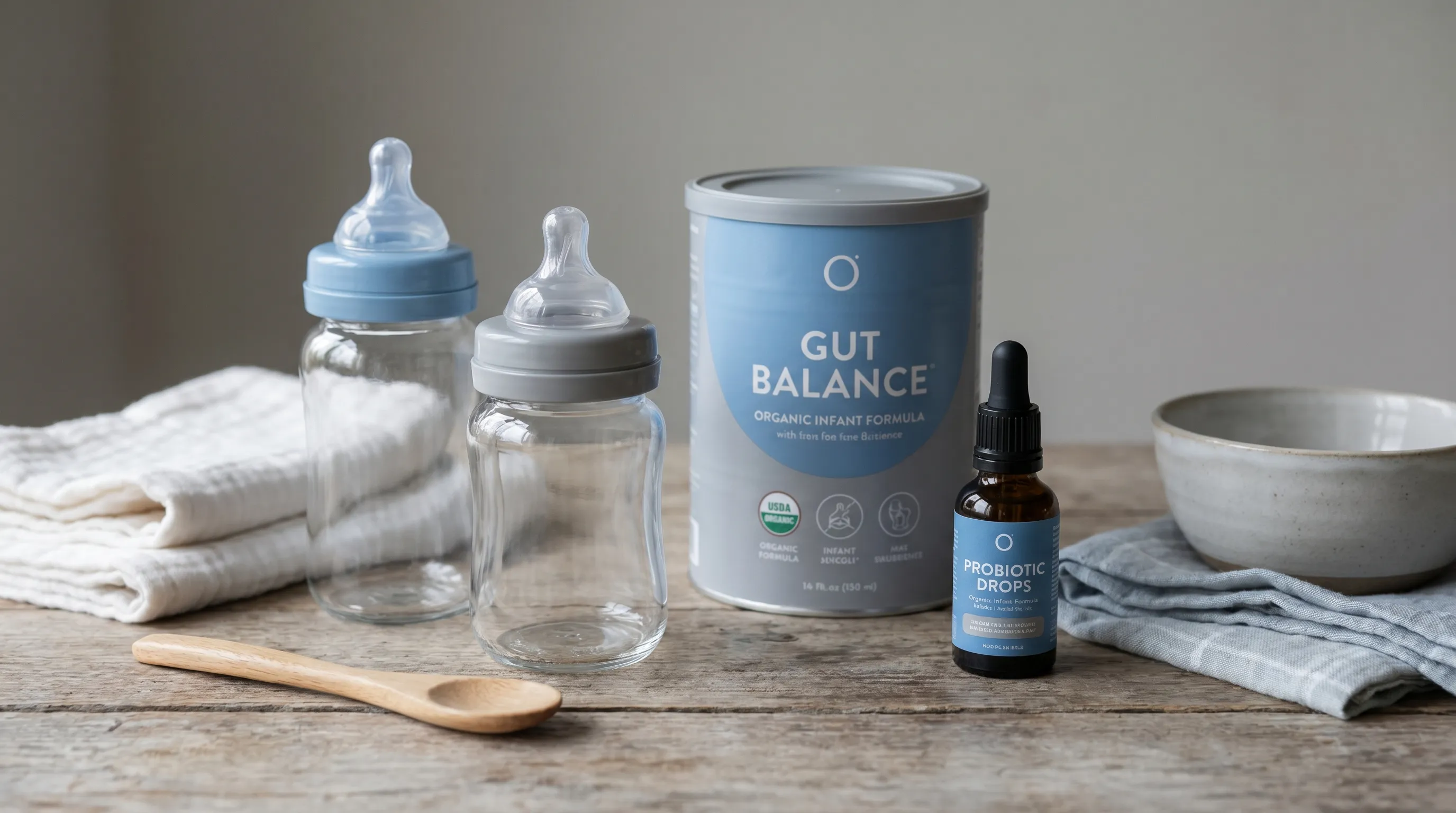 A close-up of infant feeding supplies including bottles, formula, and probiotic drops arranged neatly on a wooden table with soft natural lighting, emphasizing gut health and nutrition, gray and blue tones