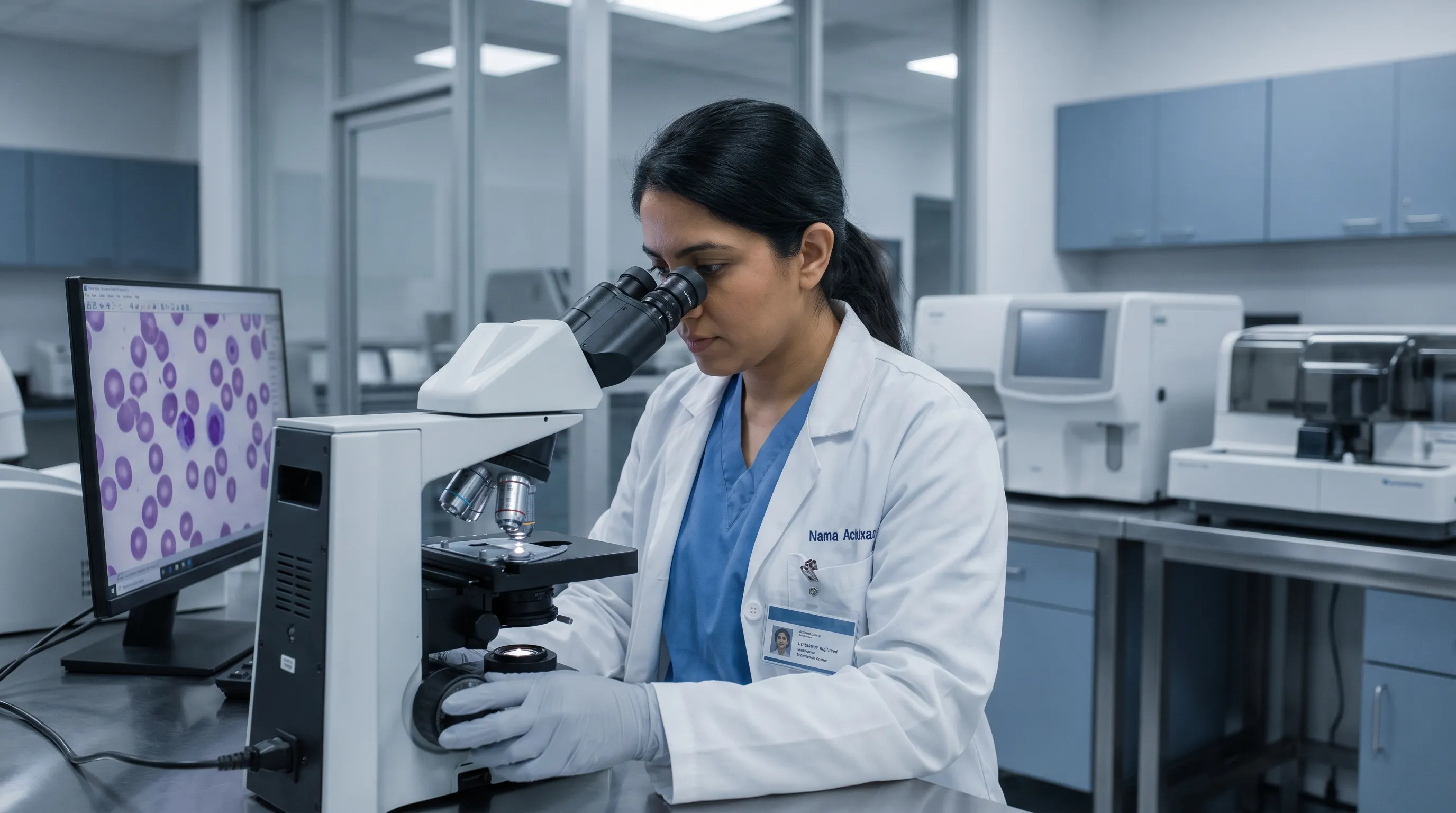 Medical laboratory technician examining peripheral blood smear under microscope to identify platelet clumping and verify automated hematology analyzer results
