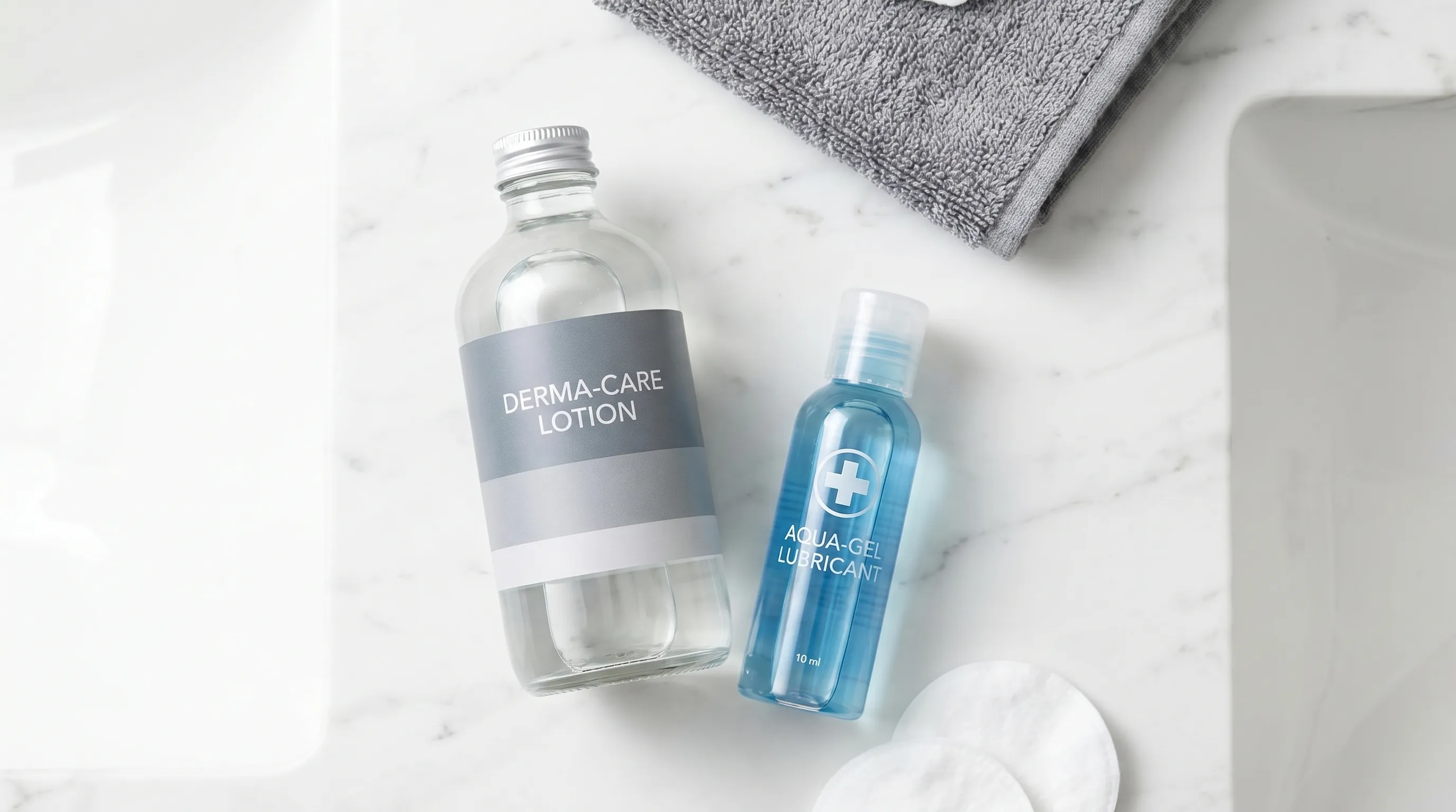 A clinical-style flat lay photograph showing a bottle of body lotion next to a bottle of water-based personal lubricant on a marble bathroom counter with soft lighting and a medical aesthetic
