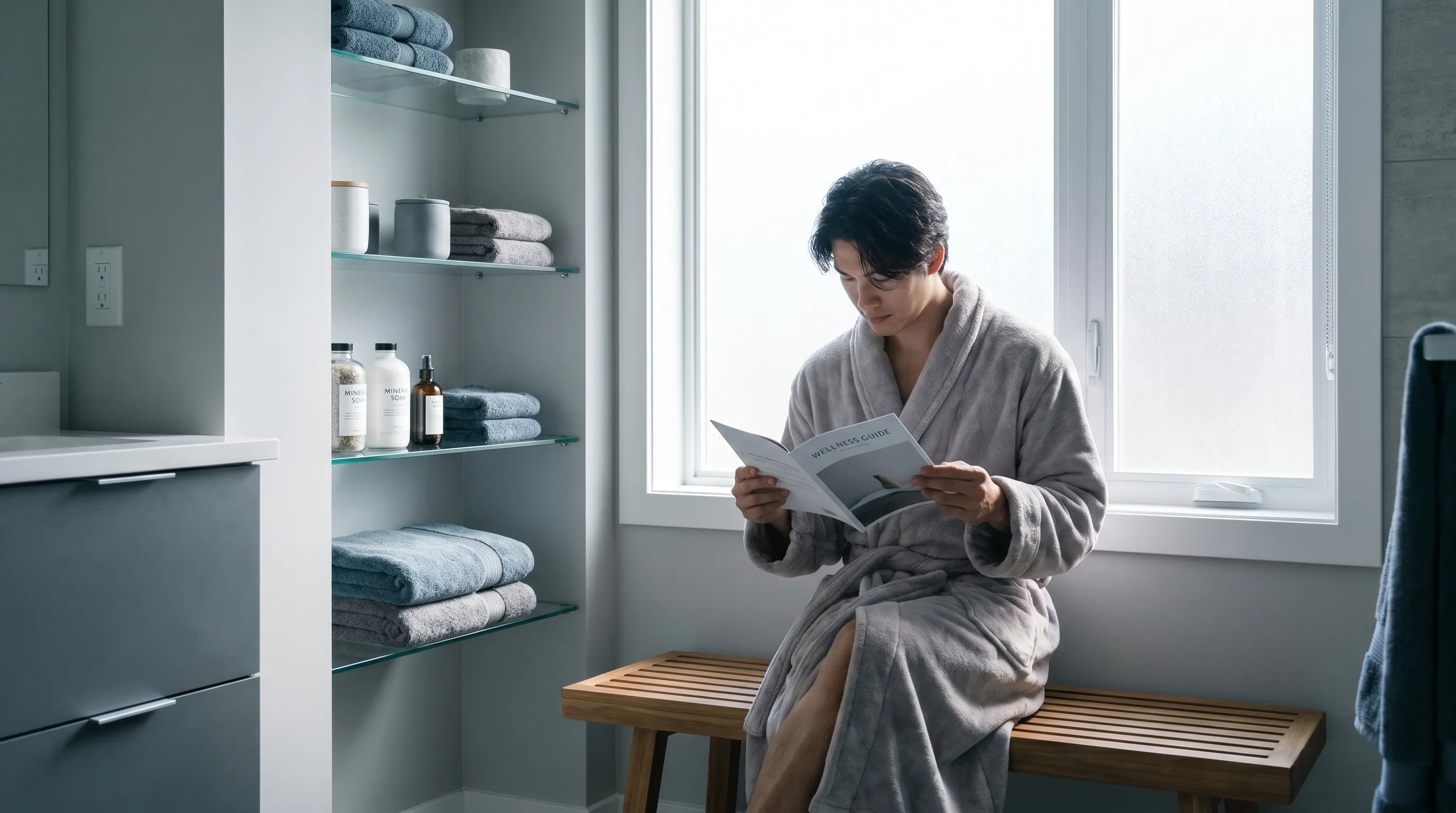 A person reading a health guide or product labels in a bright, modern bathroom setting with a calm atmosphere and gray-blue color palette