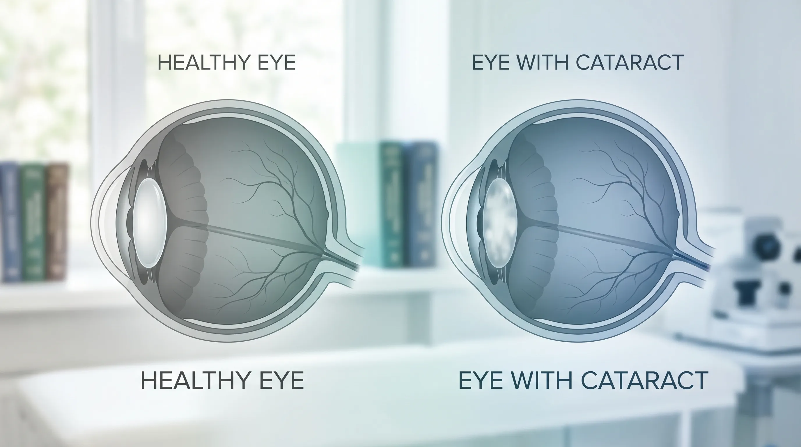 An illustration comparing a healthy eye with a clear lens to an eye with a cataract, which shows a cloudy, opaque lens.