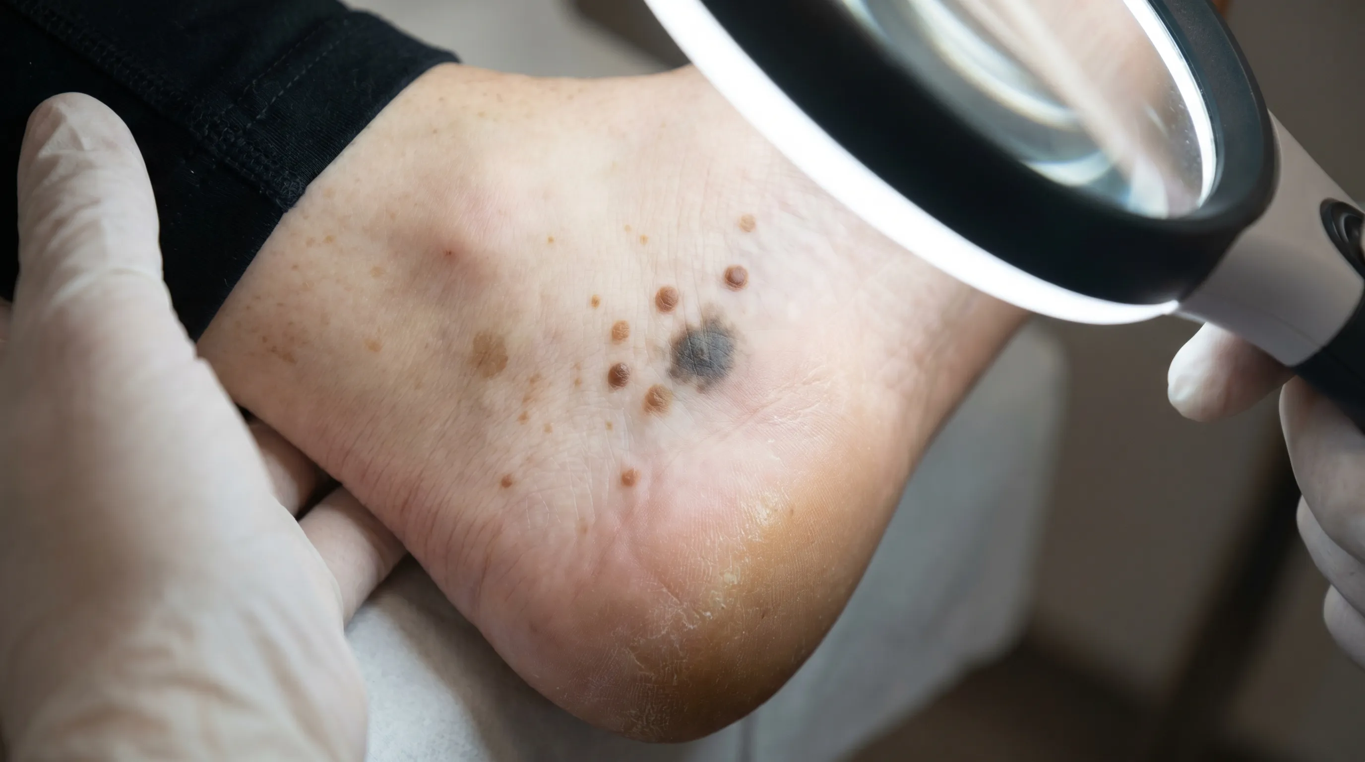 Close-up clinical photography showing various benign and potentially serious pigmented lesions on the plantar surface under bright examination lighting, emphasizing dermatological assessment and foot care
