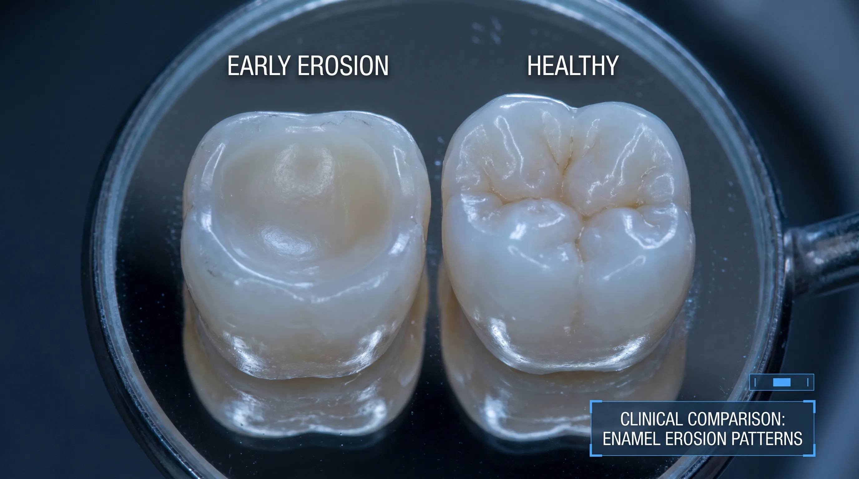 Detaillierter klinischer Vergleich mit einem Molar mit glattem, schalenförmigem okklusalem Cupping neben einem gesunden Zahn mit intakten Höckern; dargestellt werden frühe Schmelzerosionsmuster unter vergrößernder zahnmedizinischer Beleuchtung