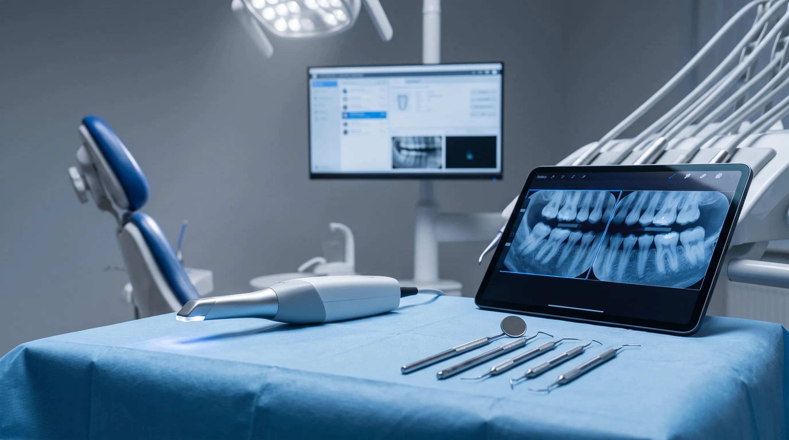 Nahaufnahme eines modernen zahnmedizinischen Untersuchungsraums mit digitalen Intraoralscannern, Bissflügel-Röntgenmonitoren und Diagnoseinstrumenten auf einem sterilen Tablett; hervorgehoben wird die präzise zahnmedizinische Diagnostik
