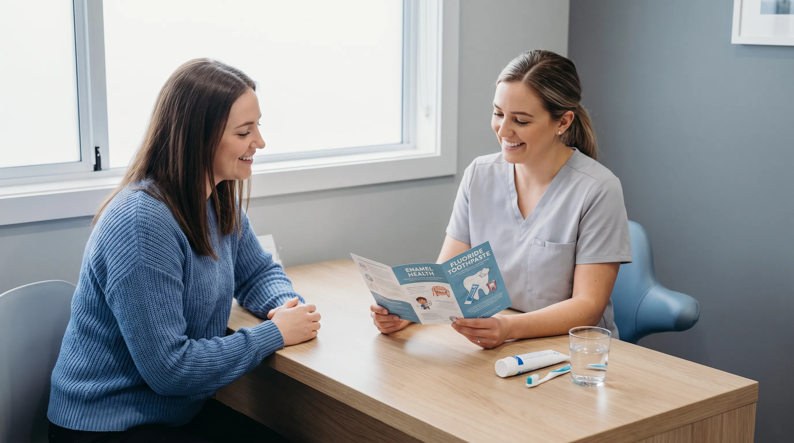 Patientin oder Patient berät sich mit einer Dentalhygienikerin oder einem Dentalhygieniker über Vorsorge; auf einem sauberen Schreibtisch liegen Informationsbroschüren über Zahnschmelzgesundheit und fluoridhaltige Zahnpasta, Gesundheitsfotografie zum Lebensstil