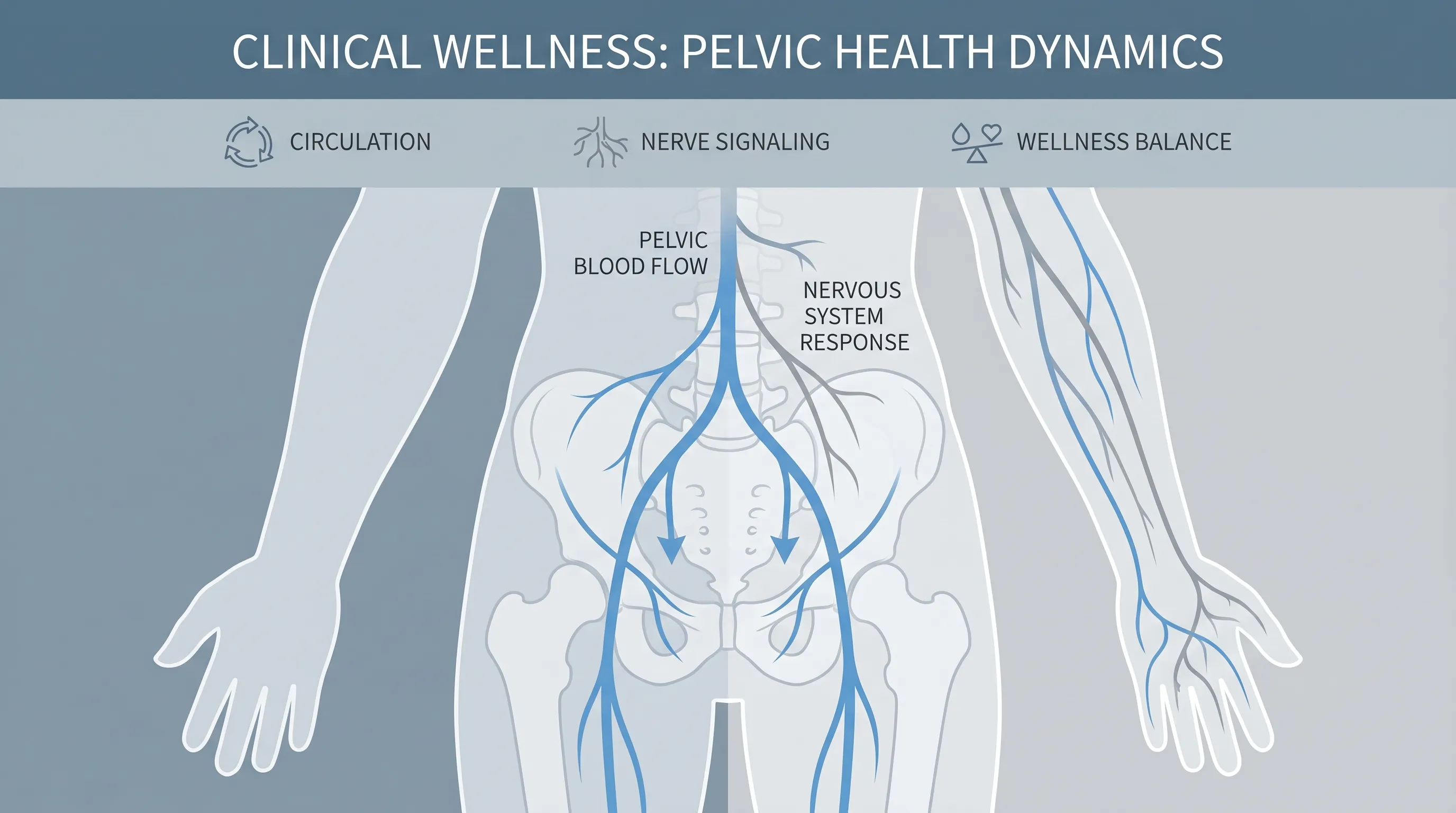 A clean, clinical wellness infographic showing human anatomy outlines highlighting pelvic blood flow and nervous system response in soft blue and gray tones