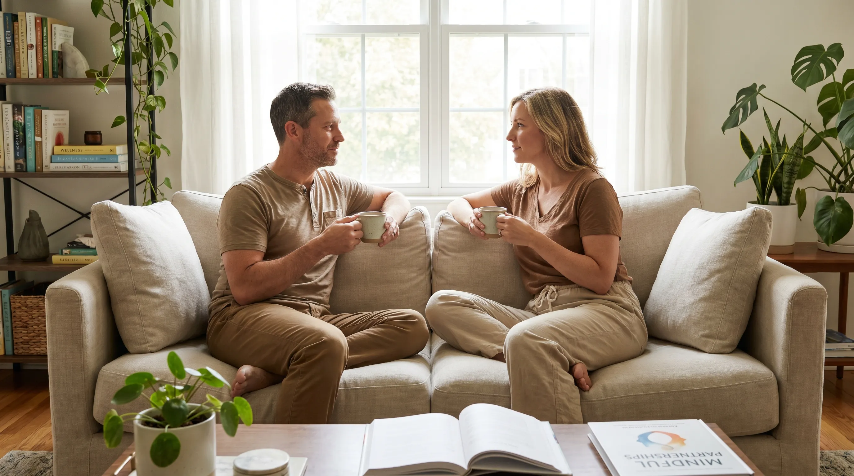 A lifestyle photograph of two adults sitting comfortably on a sofa, engaged in calm, open conversation with tea mugs nearby, emphasizing trust and communication in a health-focused setting, soft natural lighting, 4:3 ratio